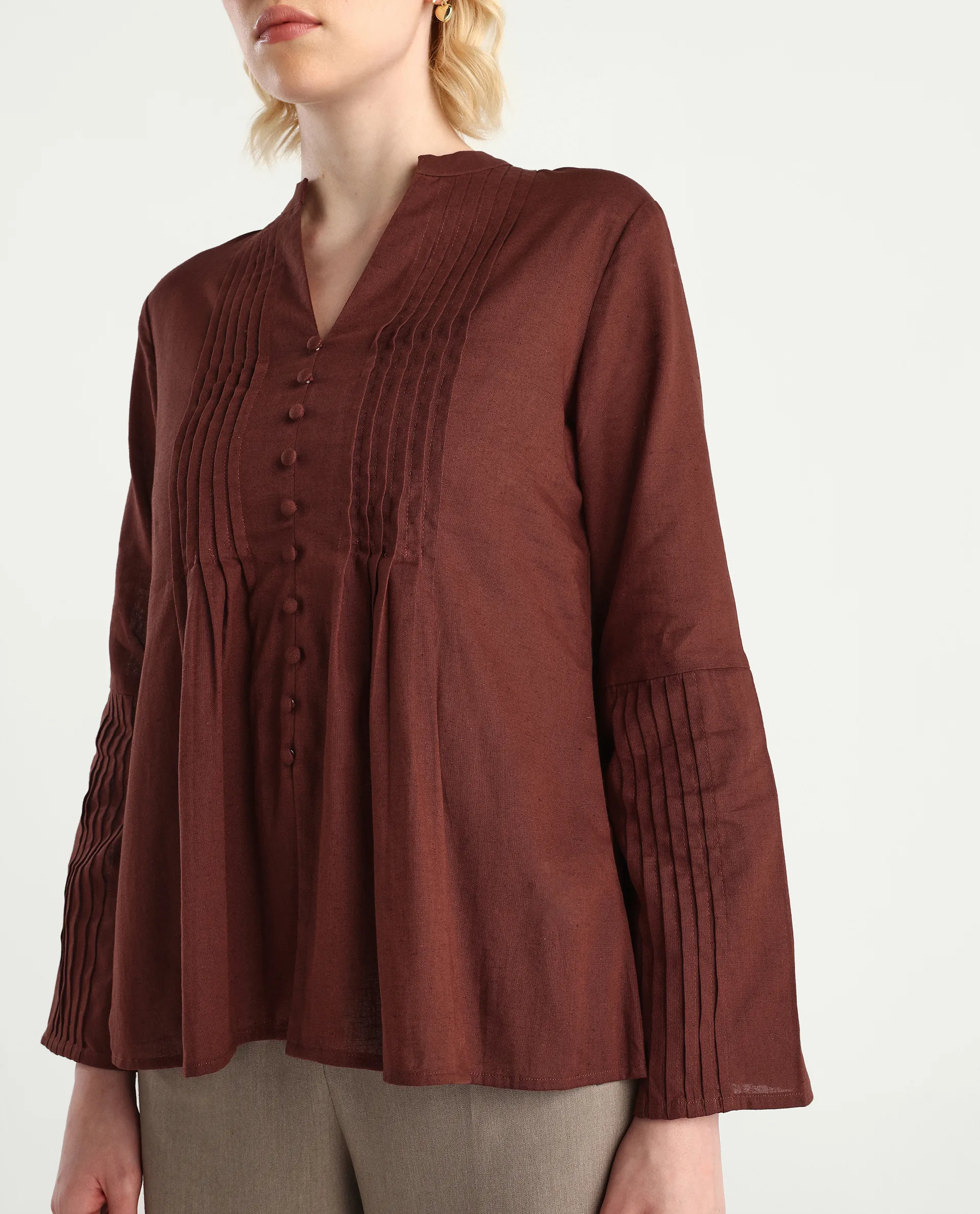 Rareism Women's Nuron Brown Cotton Blend Bell Sleeves Mandarin Collar Relaxed Fit Plain Top - Image 4