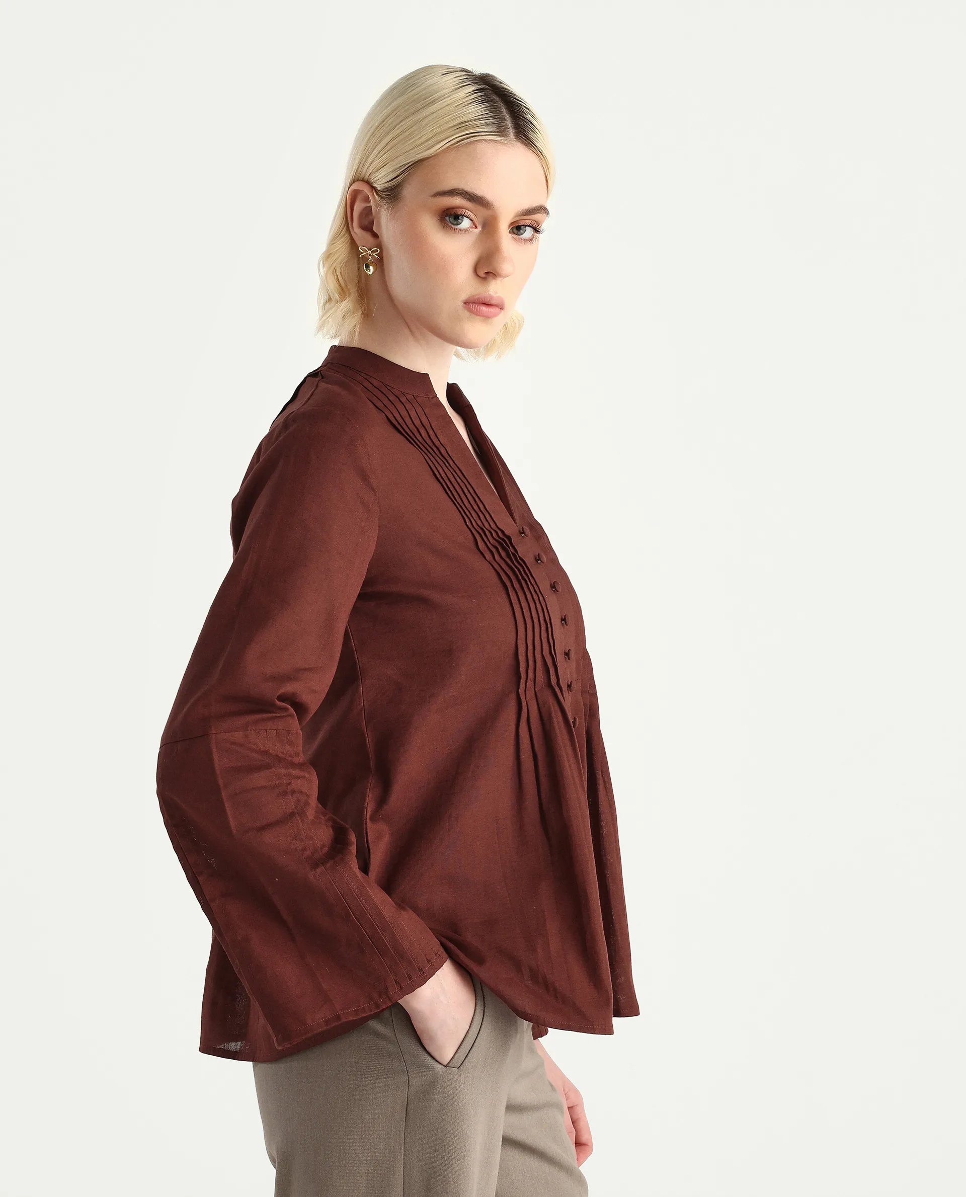 Rareism Women's Nuron Brown Cotton Blend Bell Sleeves Mandarin Collar Relaxed Fit Plain Top - Image 5