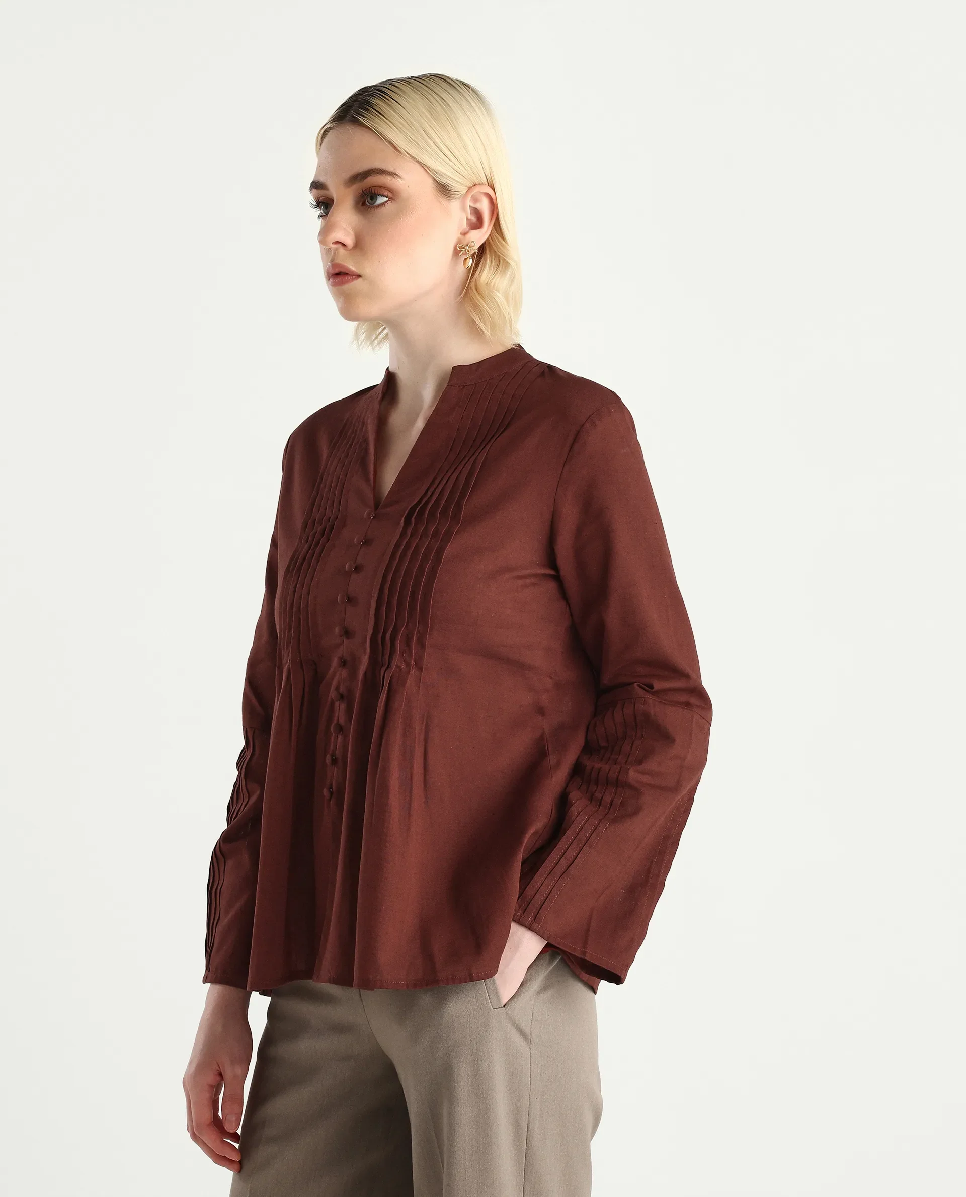 Rareism Women's Nuron Brown Cotton Blend Bell Sleeves Mandarin Collar Relaxed Fit Plain Top - Image 6