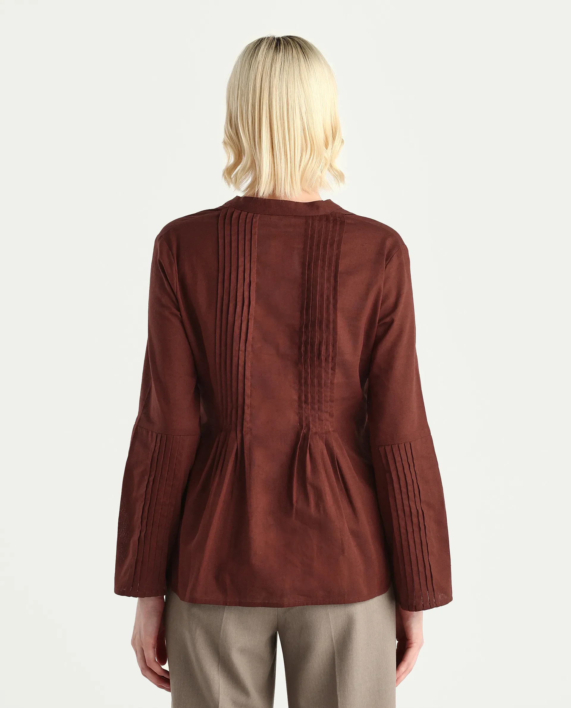 Rareism Women's Nuron Brown Cotton Blend Bell Sleeves Mandarin Collar Relaxed Fit Plain Top - Image 7