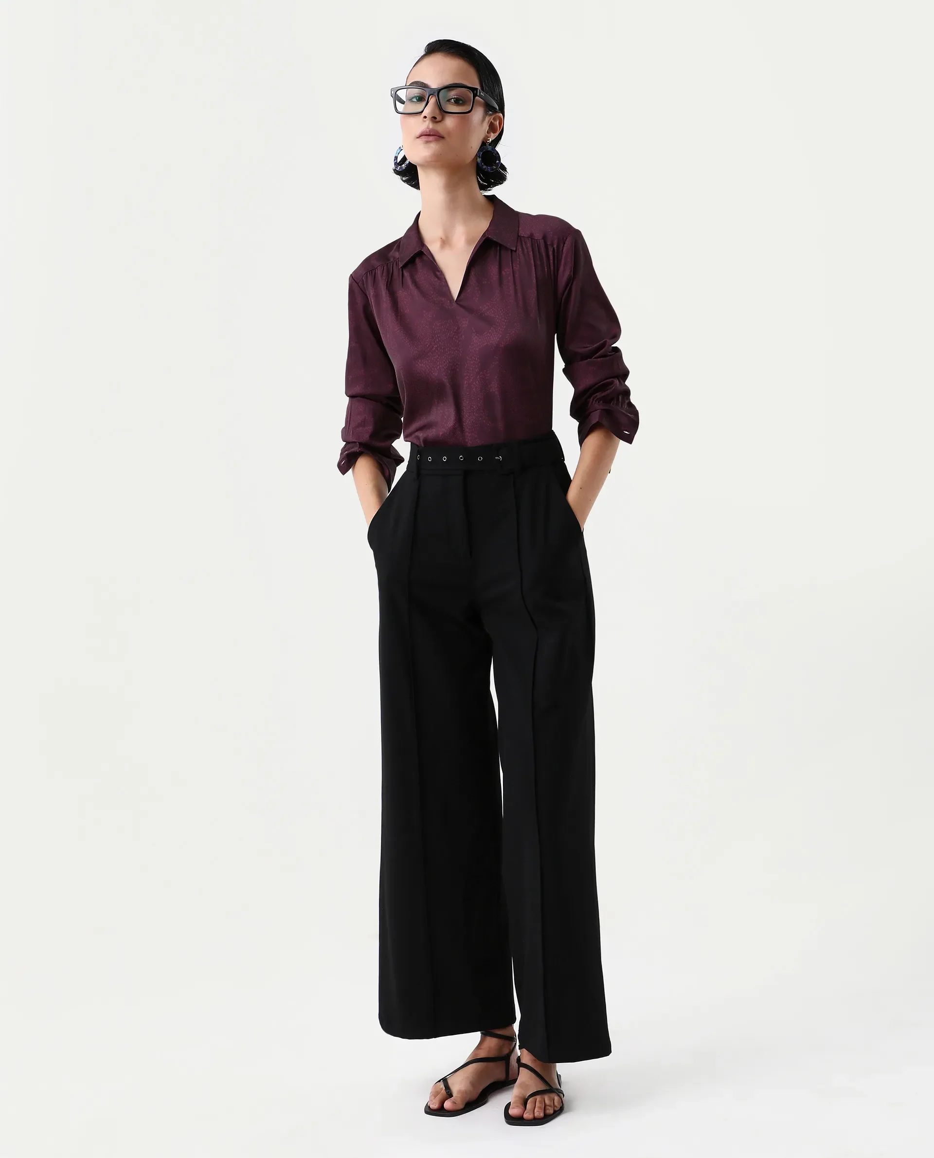 Rareism Women's Nusa Maroon Polyester Cuffed Sleeve Collared Neck Regular Fit Top - Image 2