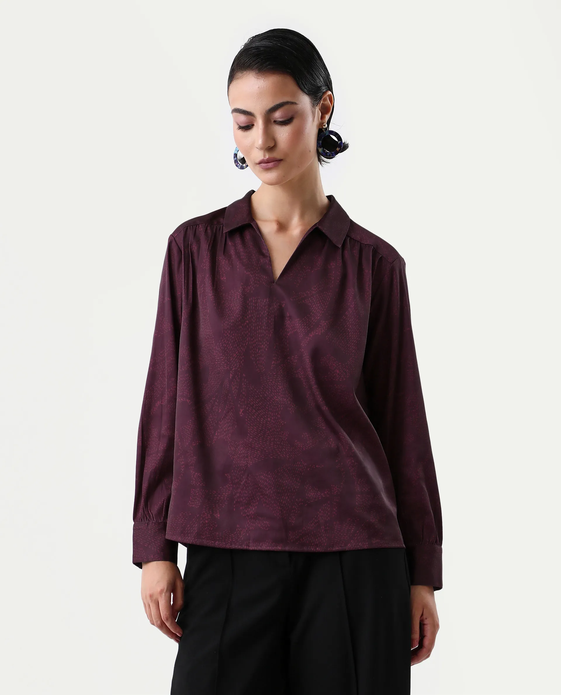 Rareism Women's Nusa Maroon Polyester Cuffed Sleeve Collared Neck Regular Fit Top - Image 3