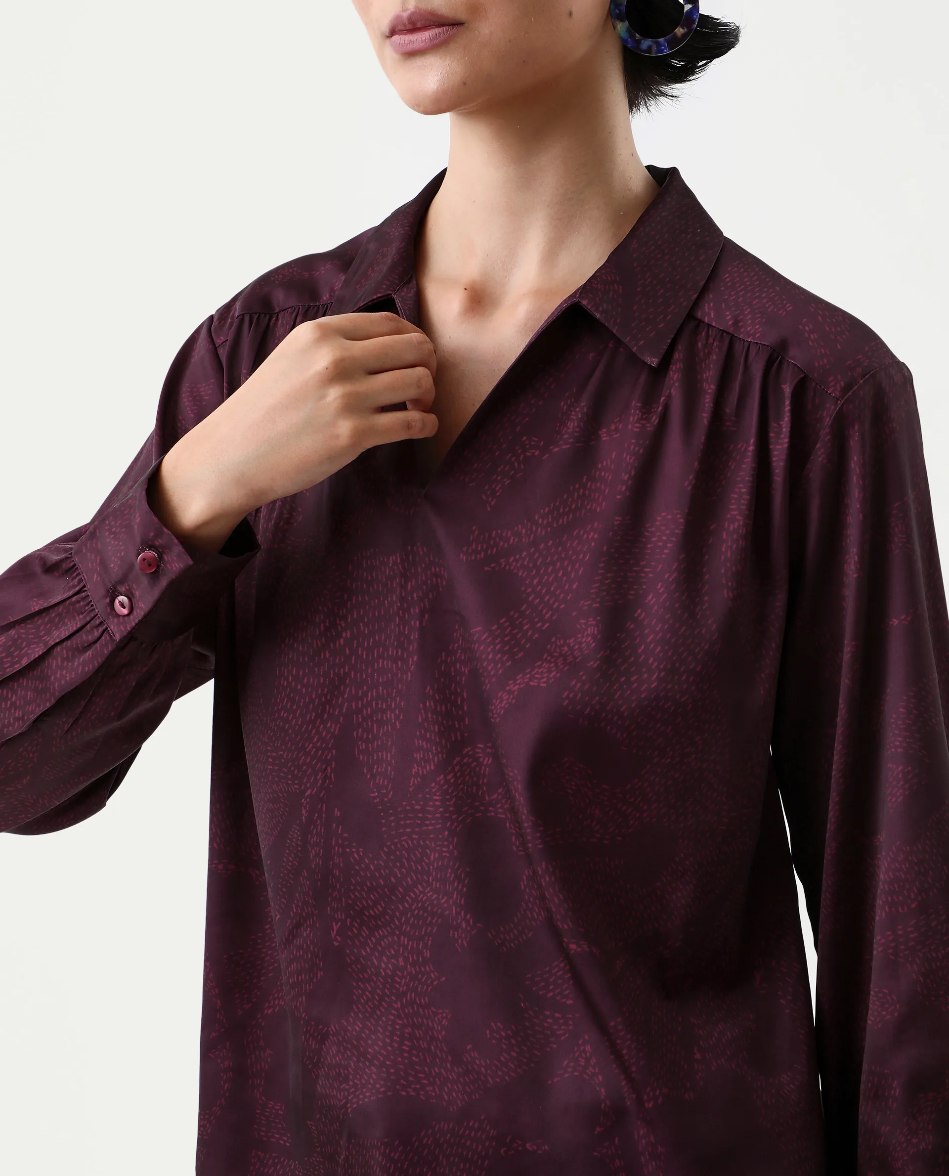 Rareism Women's Nusa Maroon Polyester Cuffed Sleeve Collared Neck Regular Fit Top - Image 4