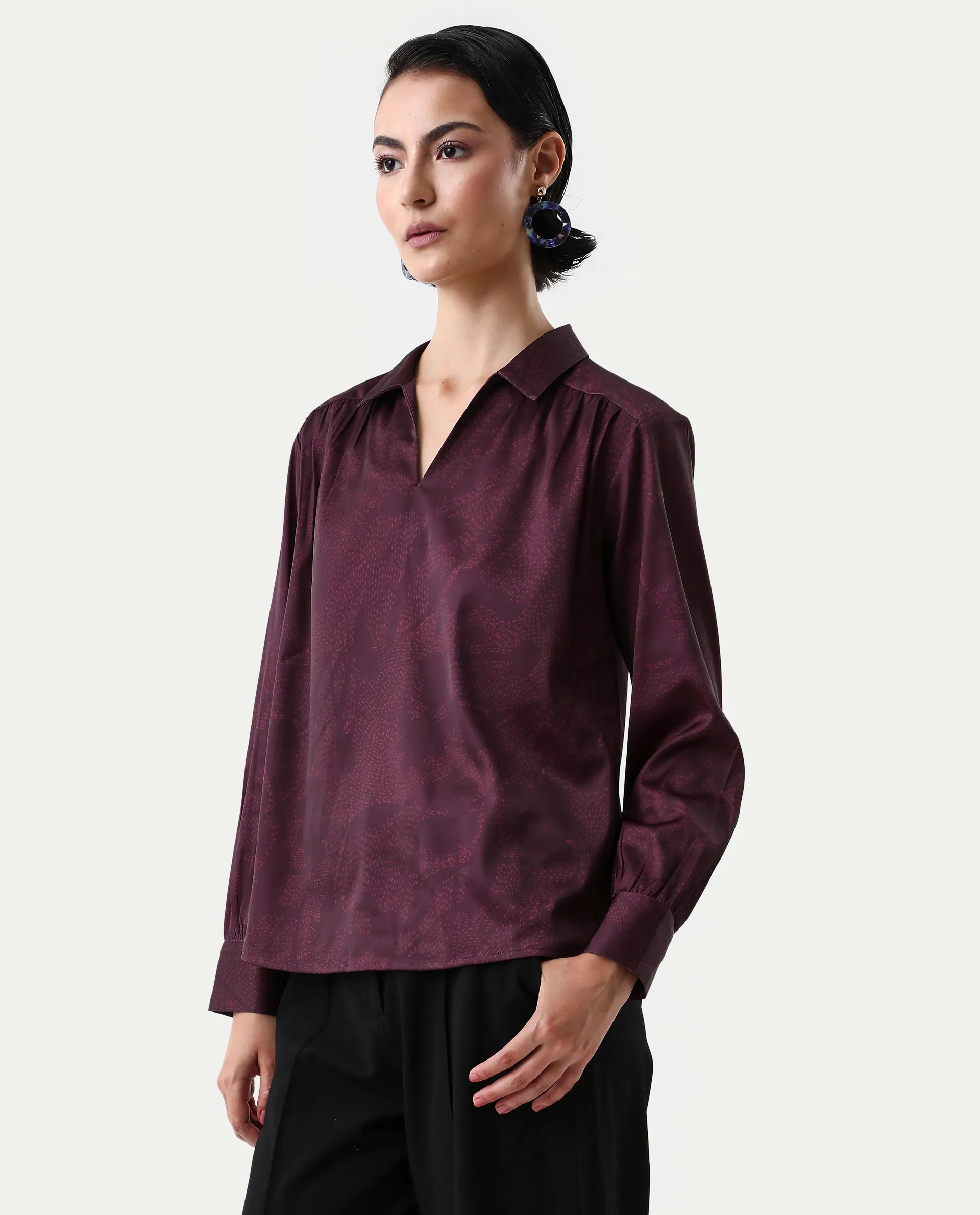Rareism Women's Nusa Maroon Polyester Cuffed Sleeve Collared Neck Regular Fit Top - Image 5