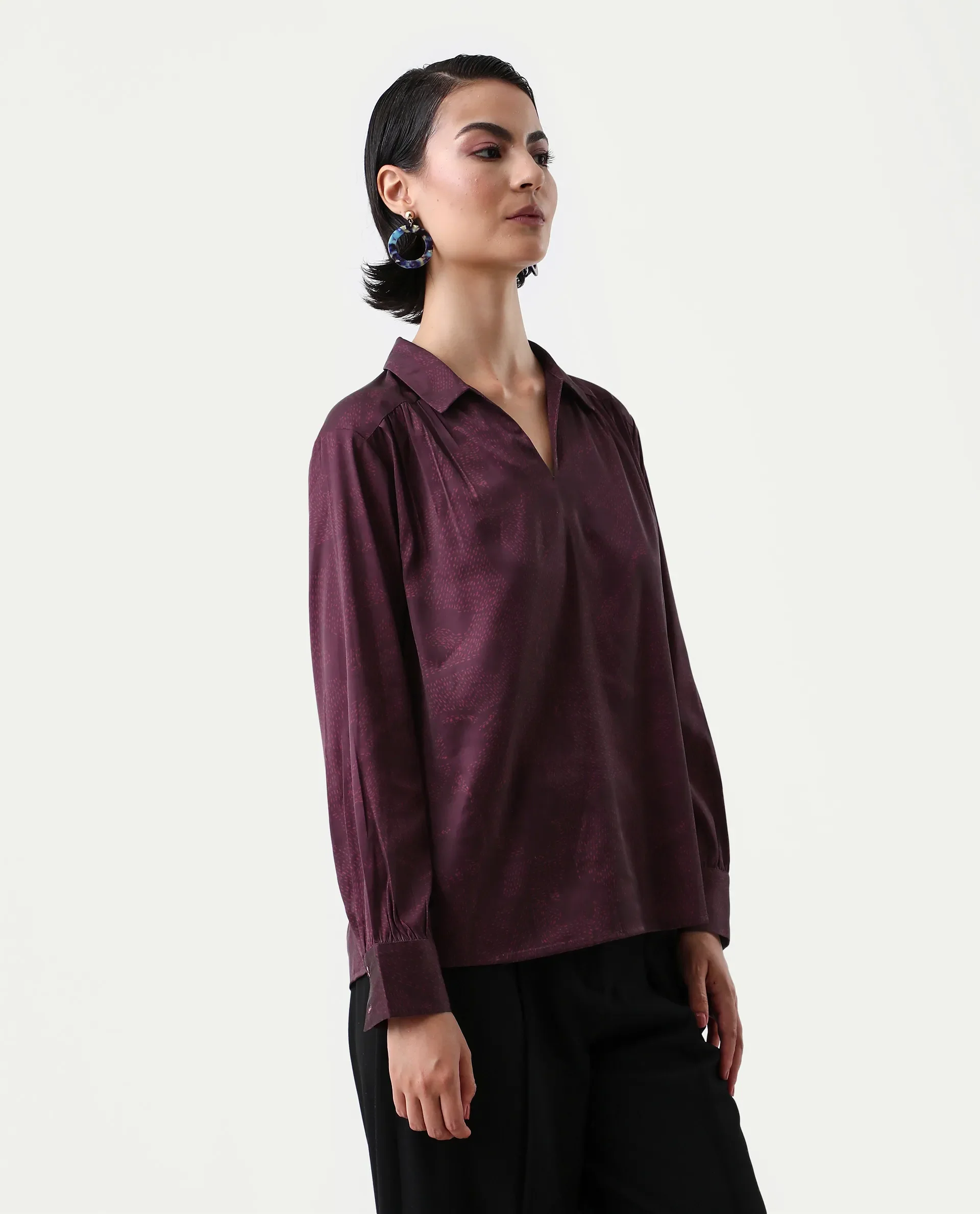 Rareism Women's Nusa Maroon Polyester Cuffed Sleeve Collared Neck Regular Fit Top - Image 6