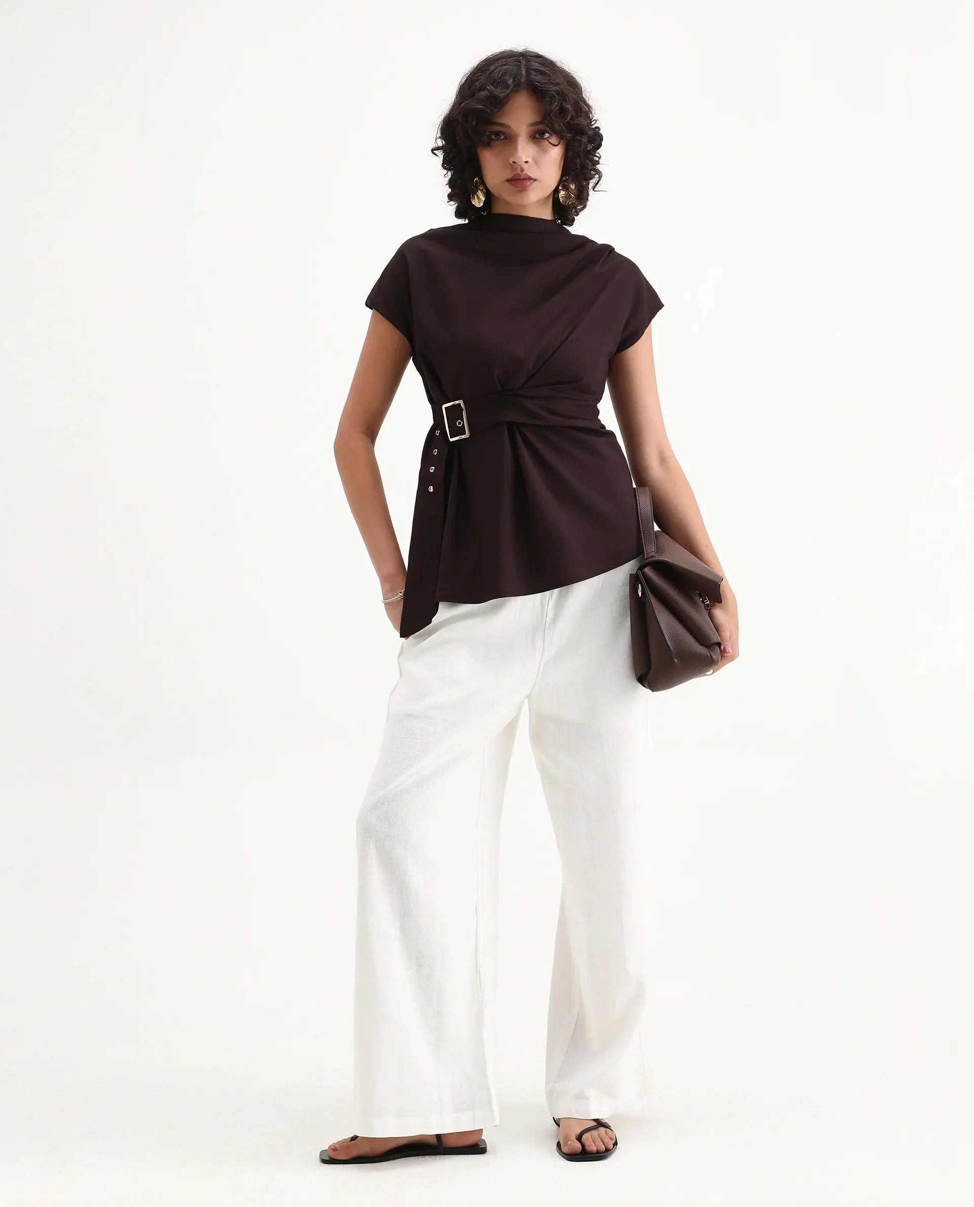 Rareism Women's Nusero Brown Viscose Sleeveless Cowl Neck Regular Fit Plain Top - Image 2