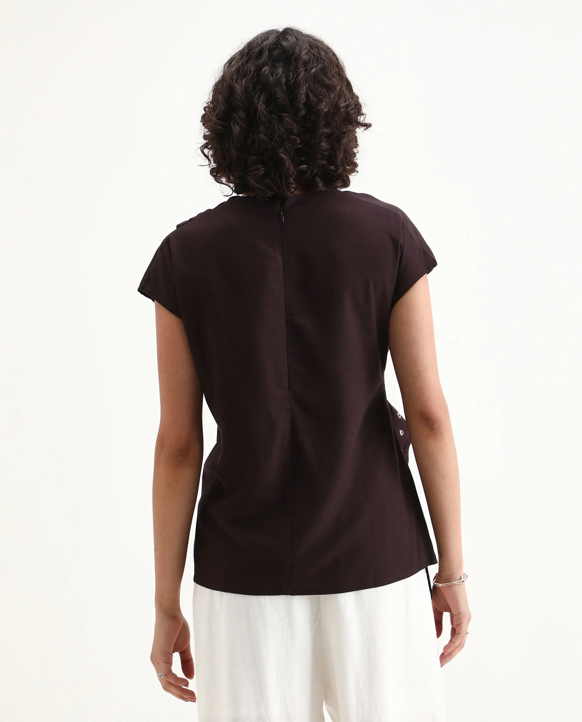 Rareism Women's Nusero Brown Viscose Sleeveless Cowl Neck Regular Fit Plain Top - Image 3