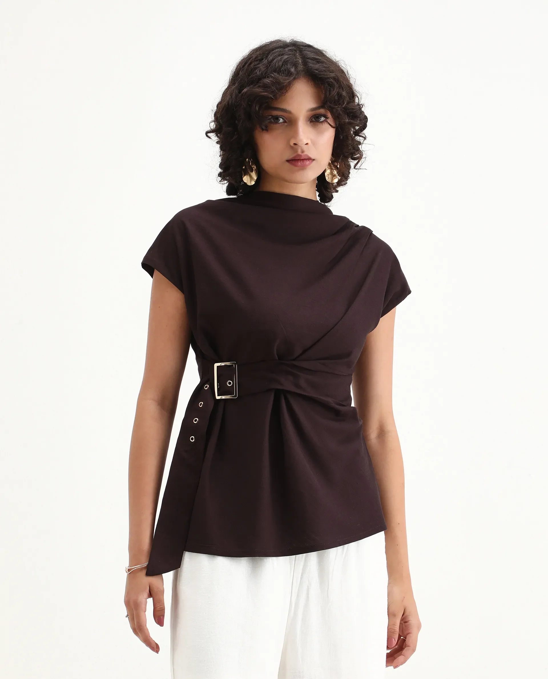 Rareism Women's Nusero Brown Viscose Sleeveless Cowl Neck Regular Fit Plain Top - Image 4