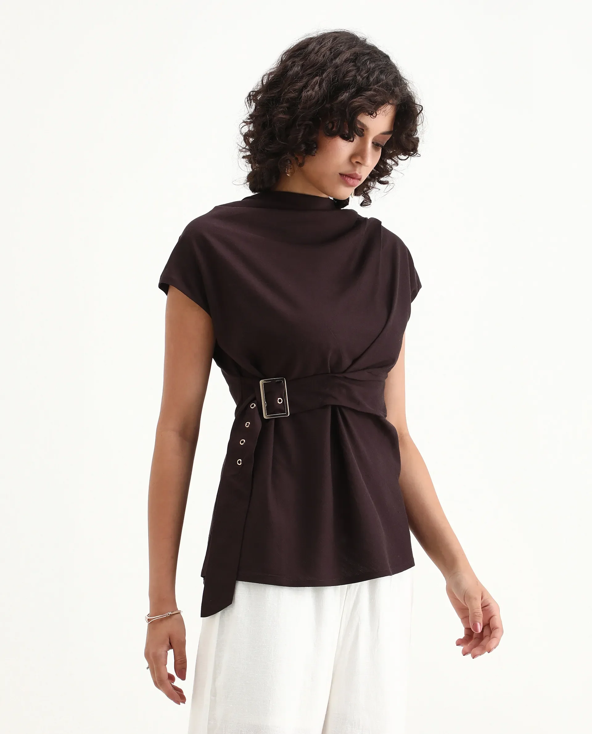 Rareism Women's Nusero Brown Viscose Sleeveless Cowl Neck Regular Fit Plain Top - Image 5