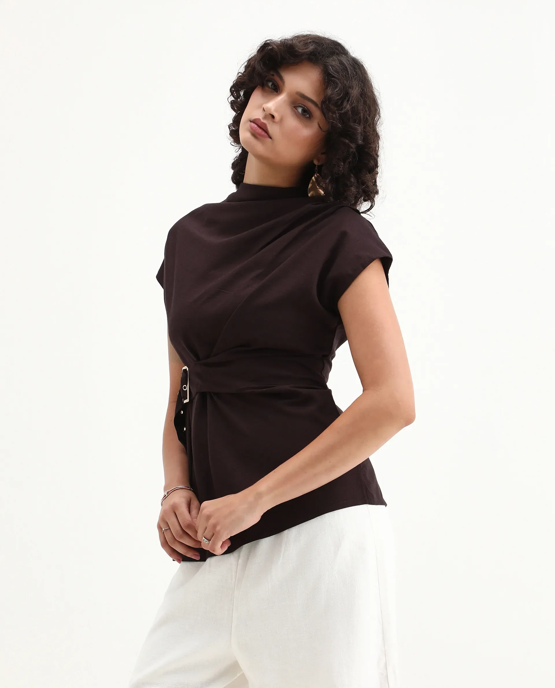 Rareism Women's Nusero Brown Viscose Sleeveless Cowl Neck Regular Fit Plain Top - Image 6