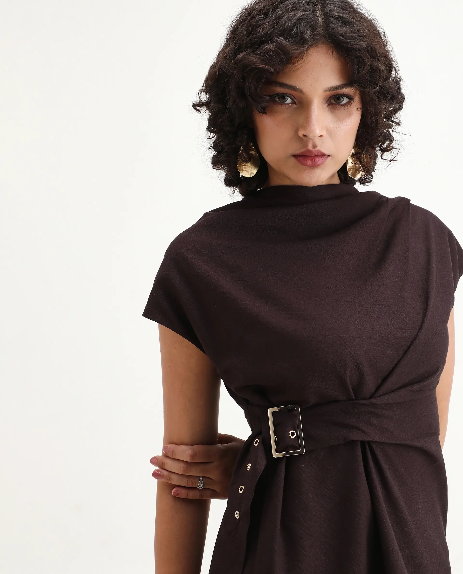 Rareism Women's Nusero Brown Viscose Sleeveless Cowl Neck Regular Fit Plain Top - Image 7