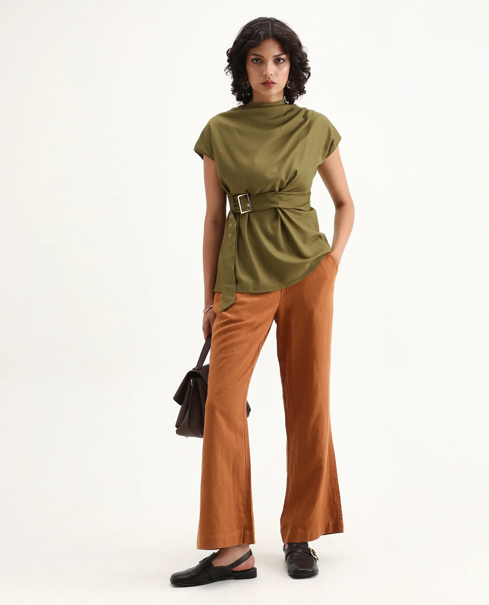 Rareism Women's Nusero Olive Nylon Viscose Cowl Neck Regular Fit Plain Top - Image 2
