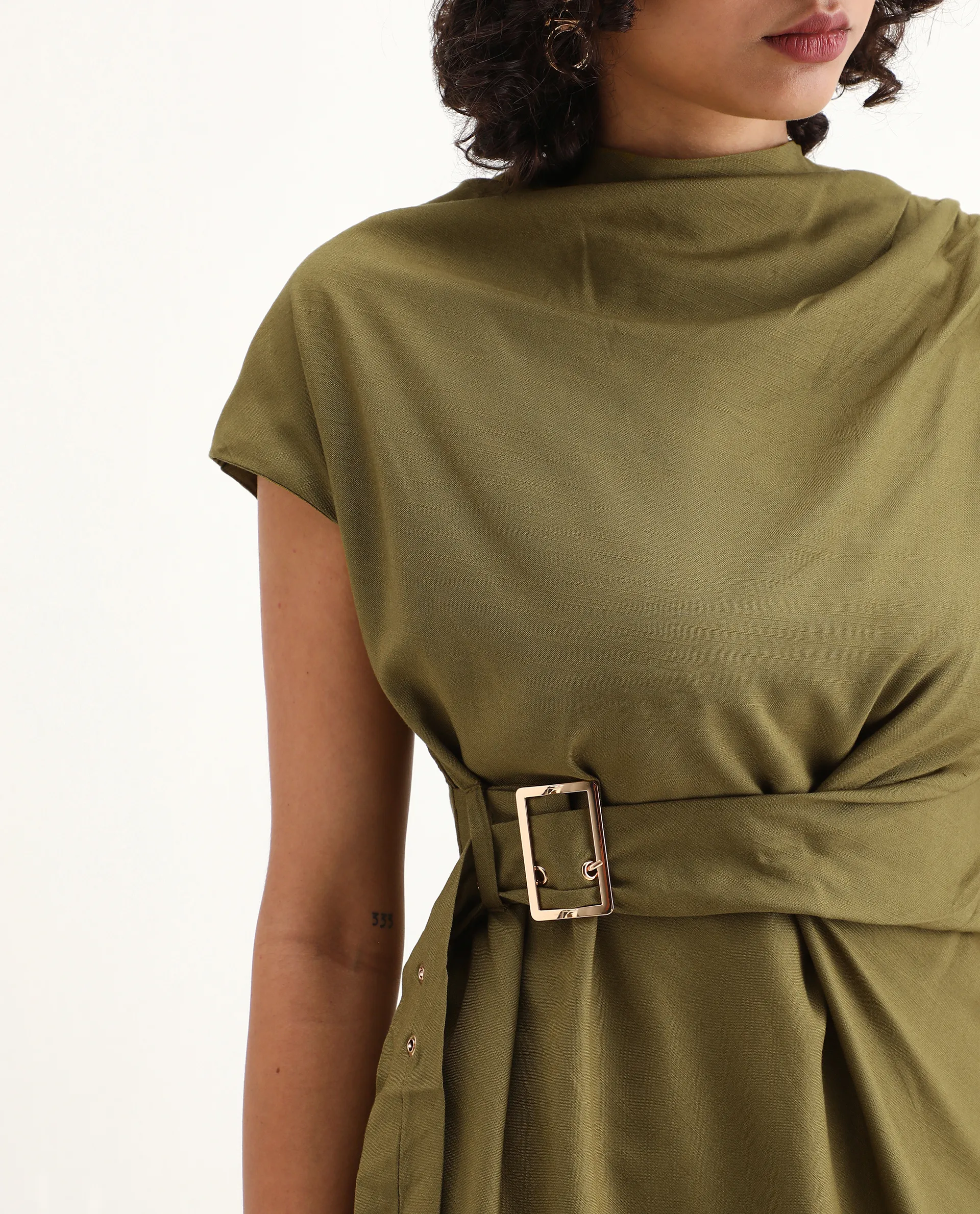 Rareism Women's Nusero Olive Nylon Viscose Cowl Neck Regular Fit Plain Top - Image 3