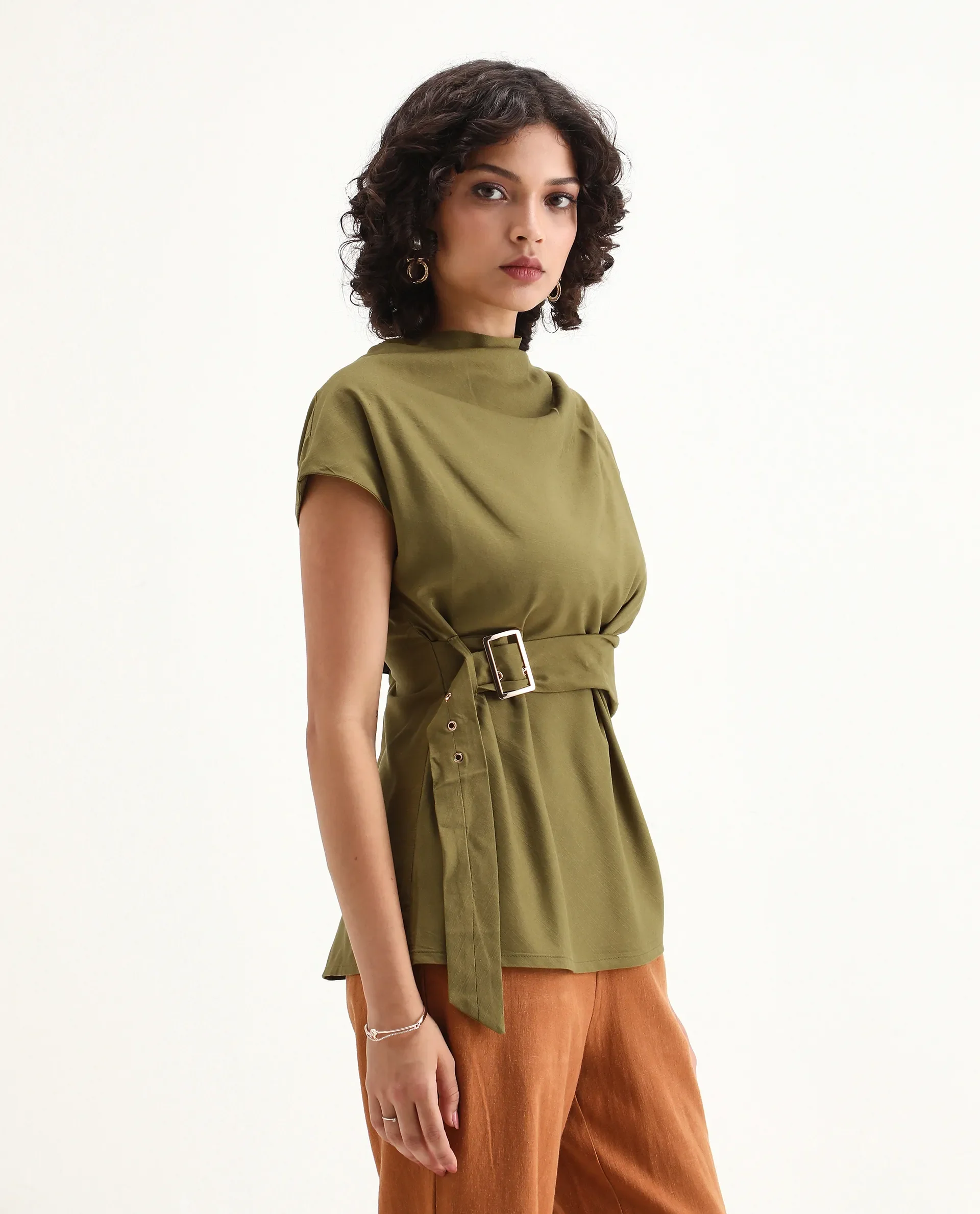 Rareism Women's Nusero Olive Nylon Viscose Cowl Neck Regular Fit Plain Top - Image 4