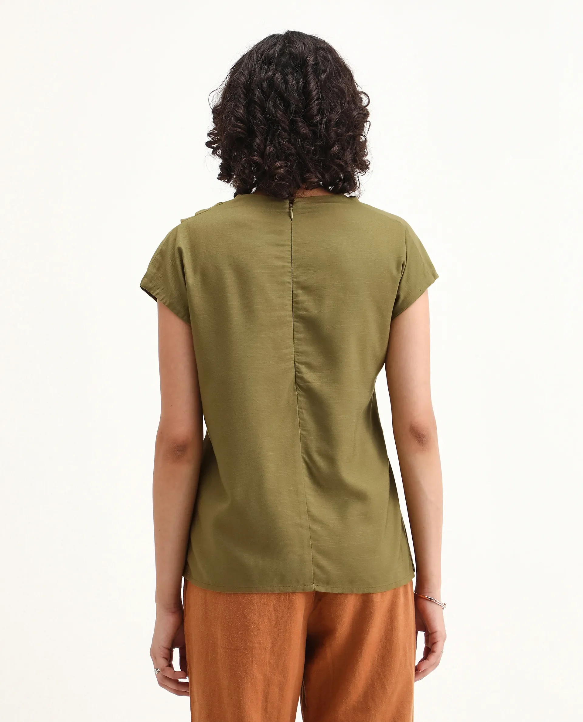 Rareism Women's Nusero Olive Nylon Viscose Cowl Neck Regular Fit Plain Top - Image 5