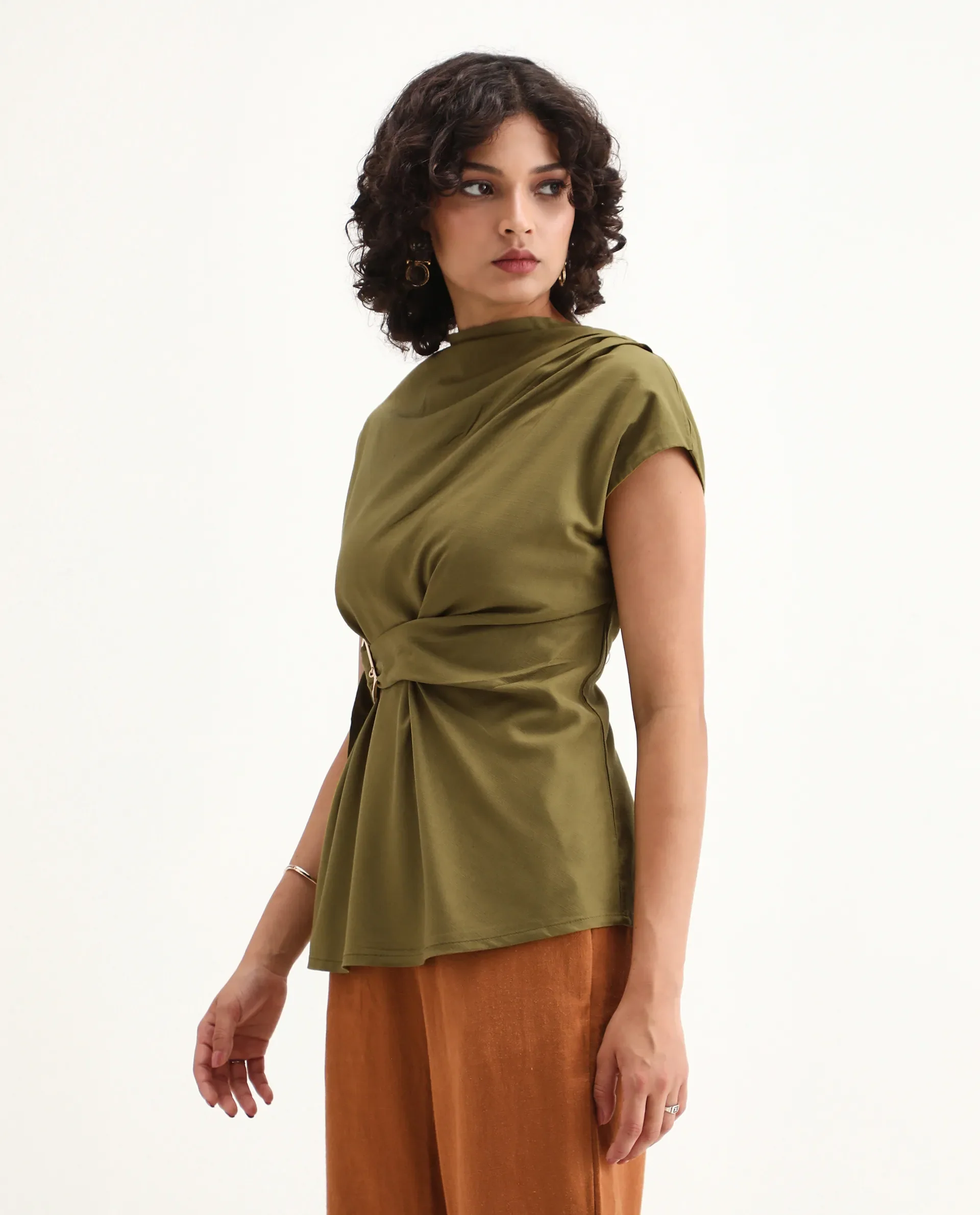 Rareism Women's Nusero Olive Nylon Viscose Cowl Neck Regular Fit Plain Top - Image 6