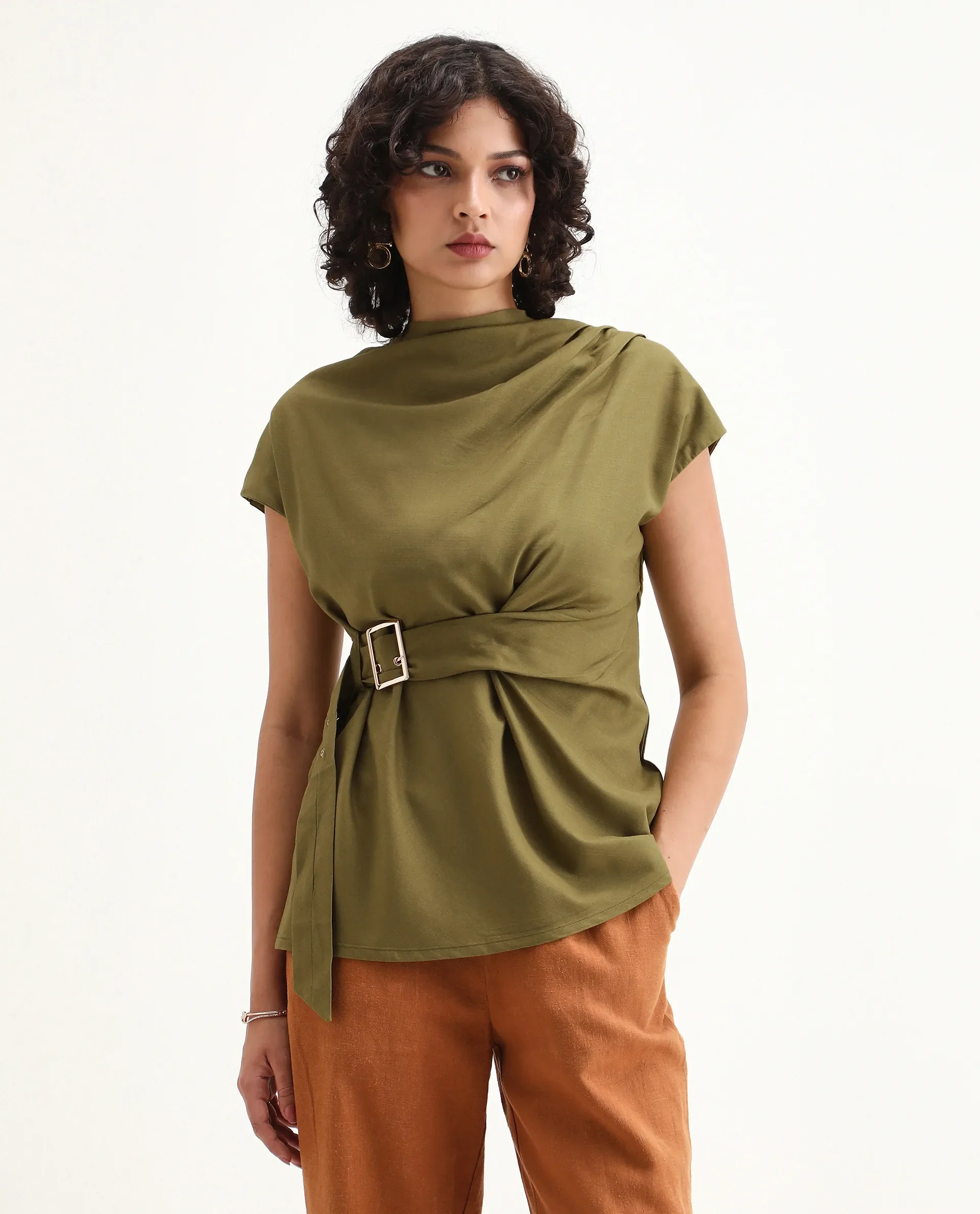 Rareism Women's Nusero Olive Nylon Viscose Cowl Neck Regular Fit Plain Top - Image 7