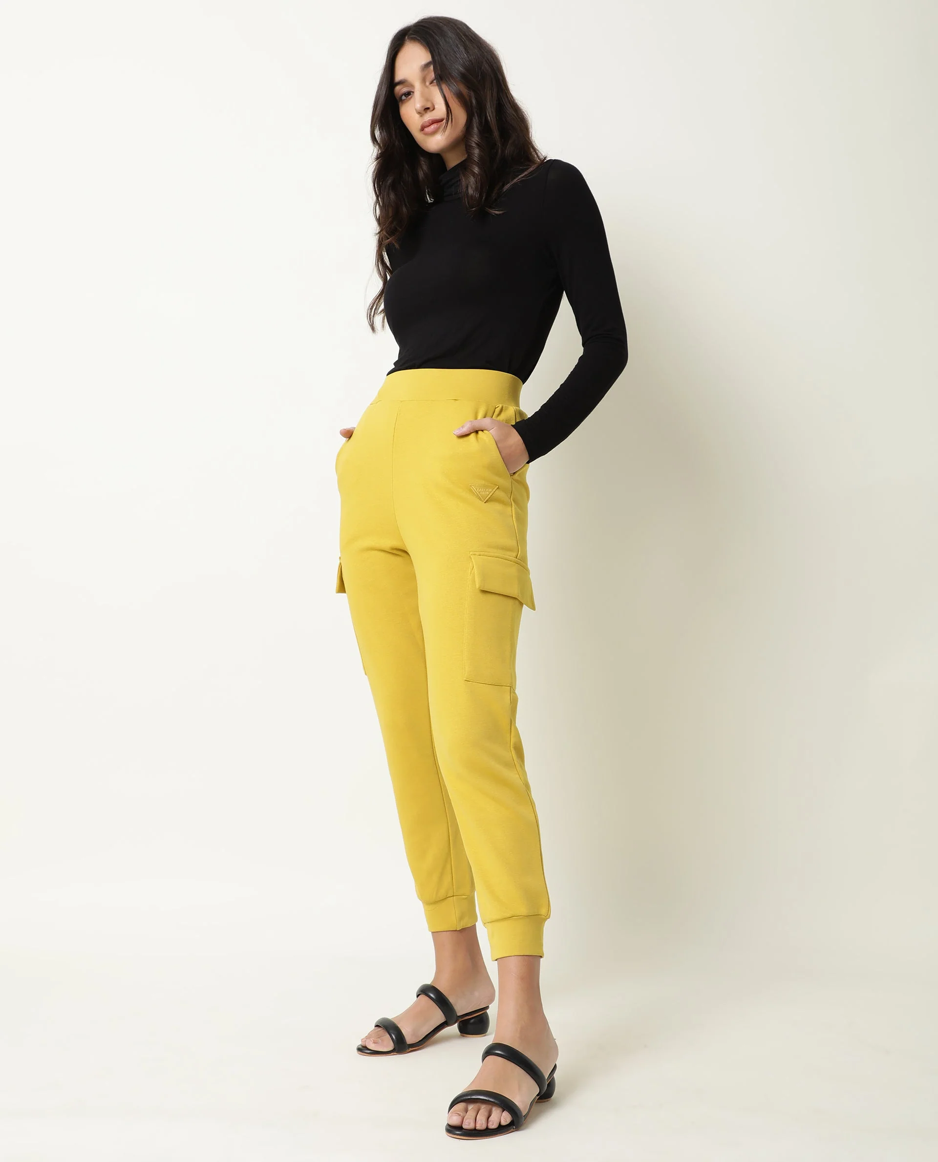 Rareism Women's Nush Yellow Polyester Blend Plain Ankle Length Tailored Track Pant