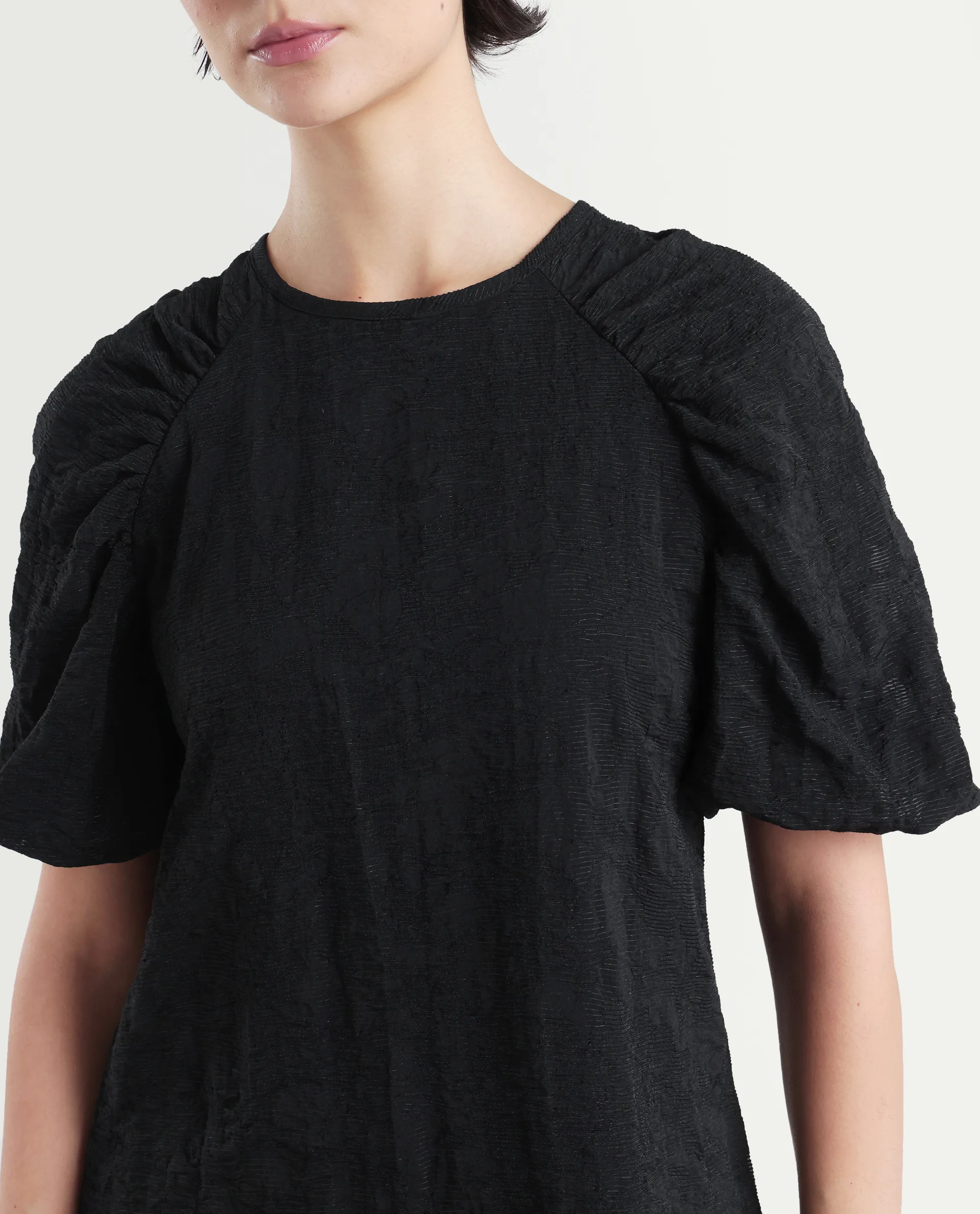 Rareism Women's Nuten Black Nylon Blend Balloon Sleeve Crew Neck Regular Fit Plain Top - Image 4