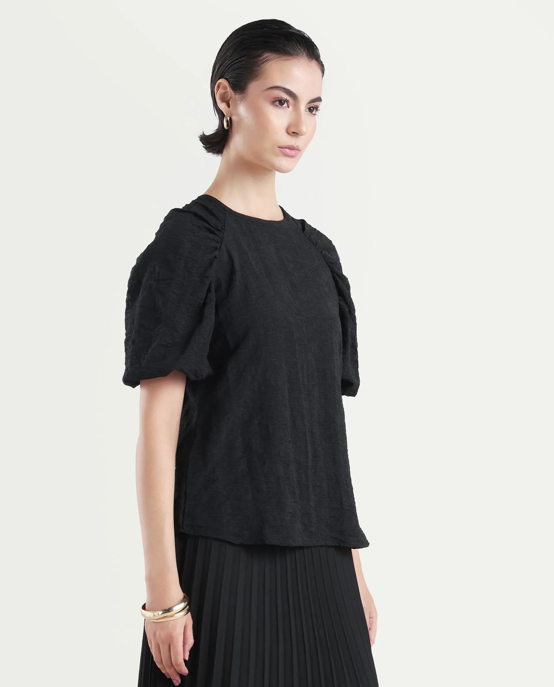 Rareism Women's Nuten Black Nylon Blend Balloon Sleeve Crew Neck Regular Fit Plain Top - Image 6