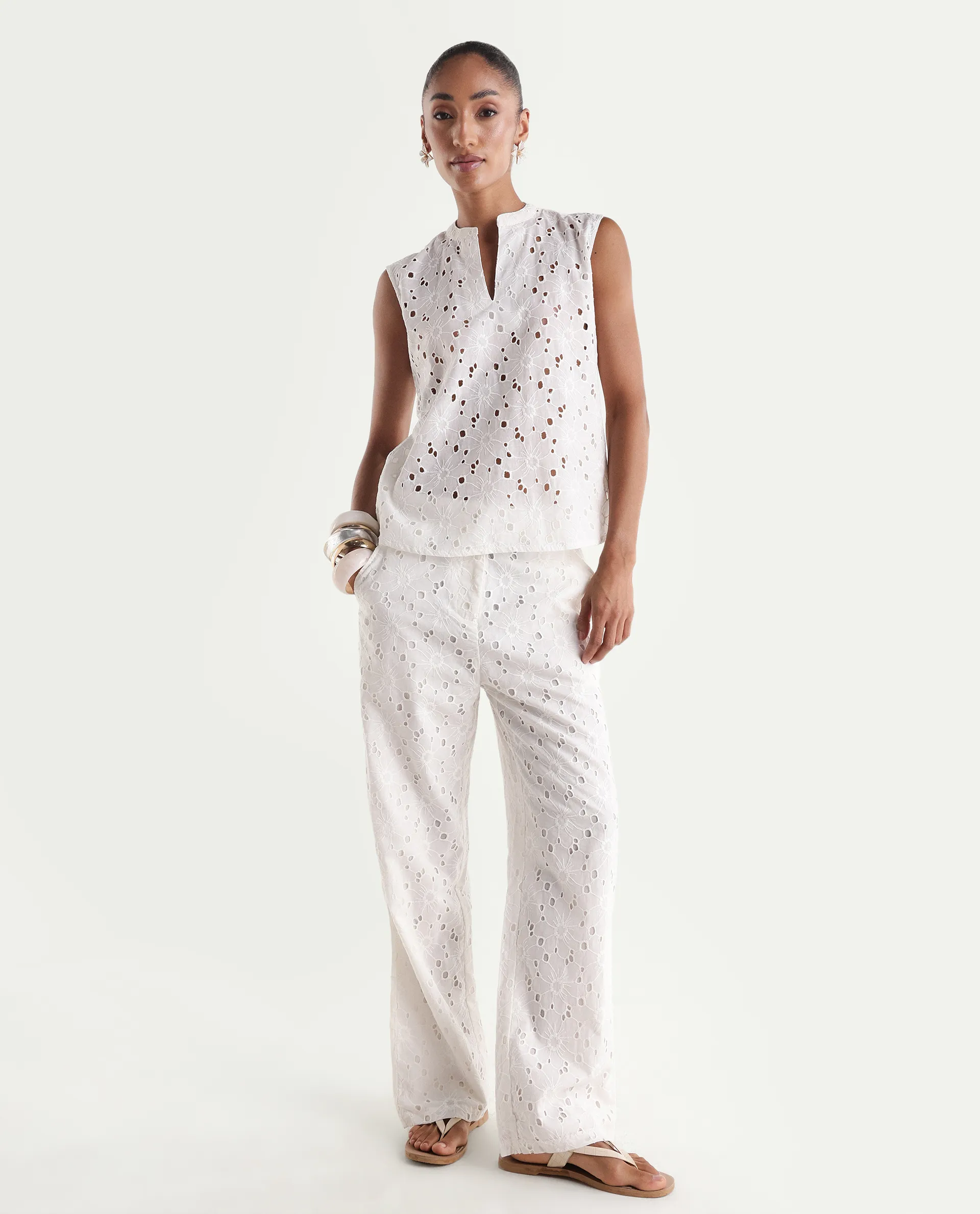 Rareism Women's Nuton-B White Cotton Plain Regular Fit Trouser - Image 5