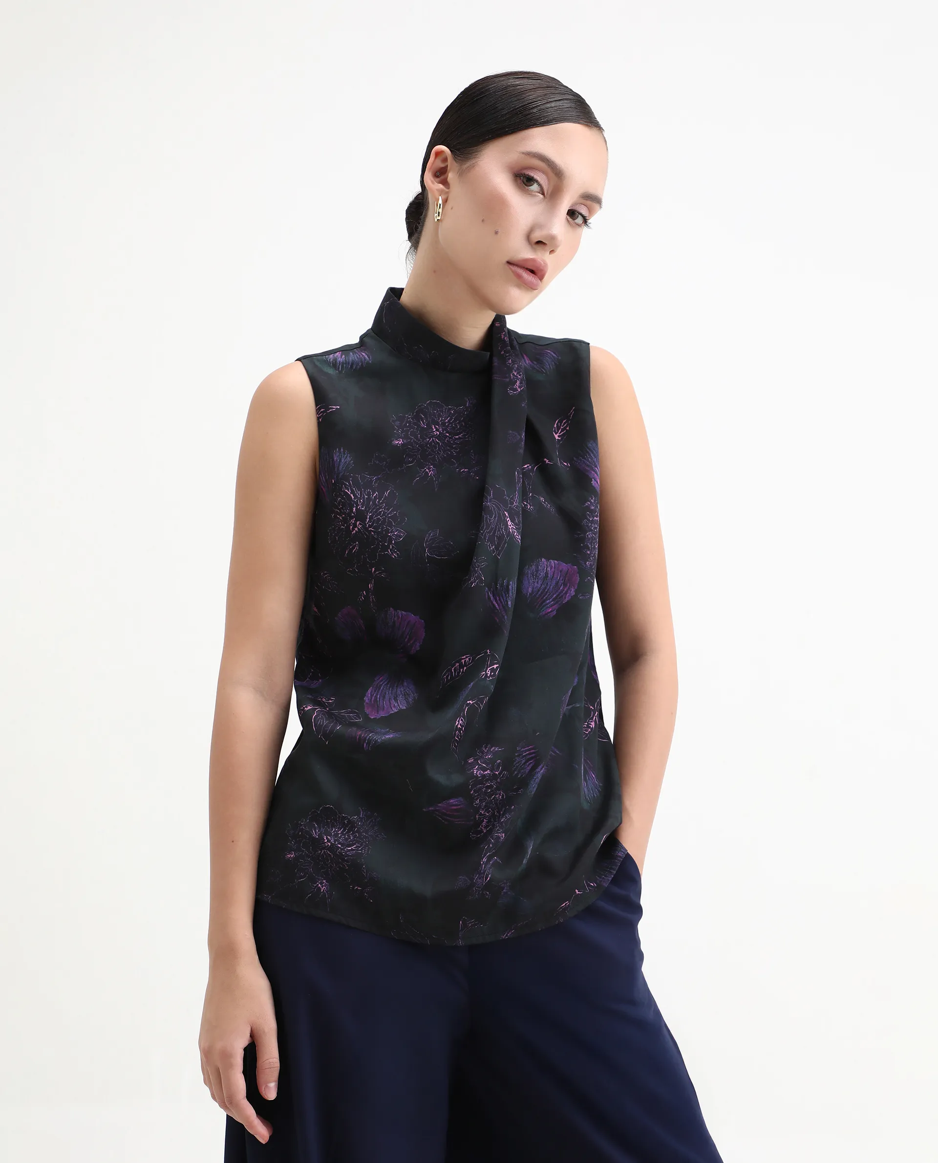Rareism Women's Nutro Black Cotton Blend Sleeveless Cowl Neck Regular Fit Top - Image 2