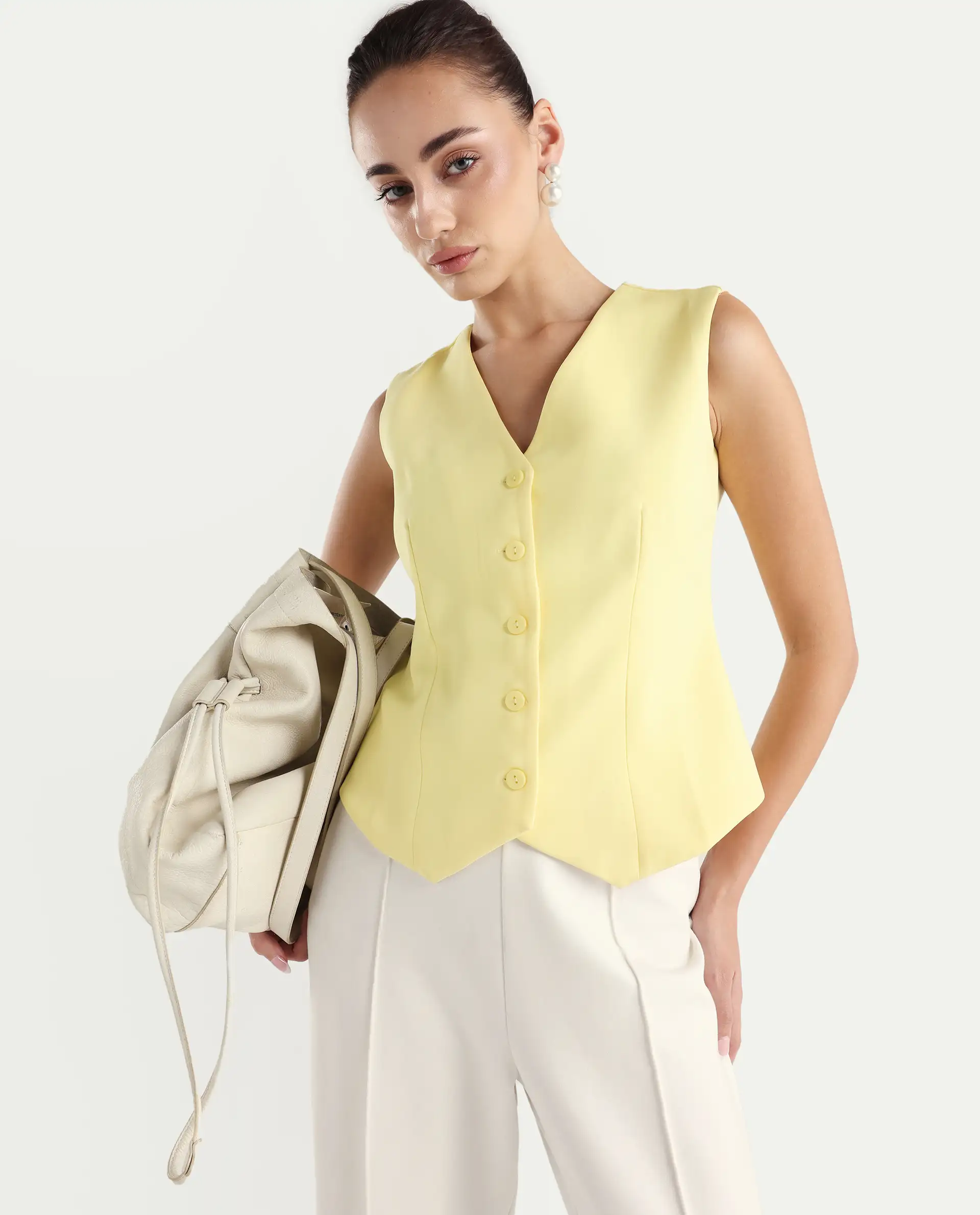 Rareism Women Nuva-T Yellow V-Neck Button Fitted Plain Top