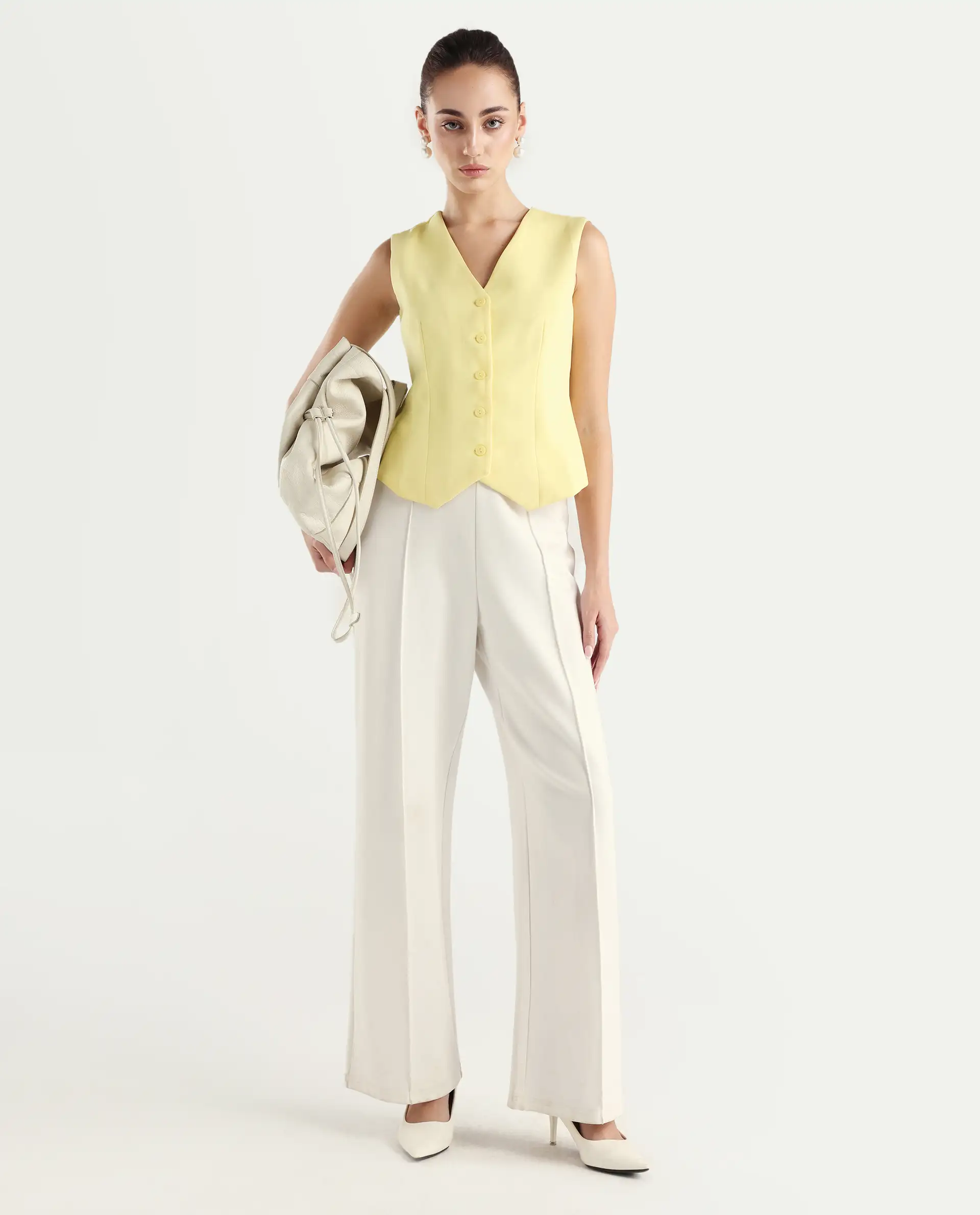 Rareism Women Nuva-T Yellow V-Neck Button Fitted Plain Top - Image 2