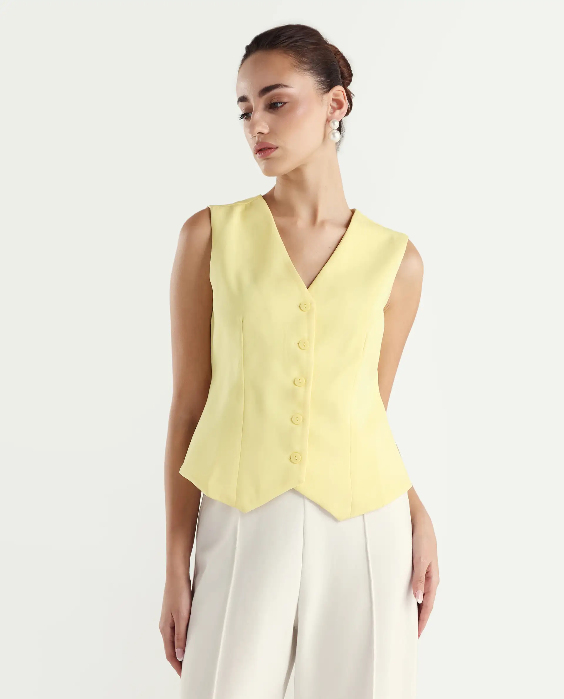 Rareism Women Nuva-T Yellow V-Neck Button Fitted Plain Top - Image 3