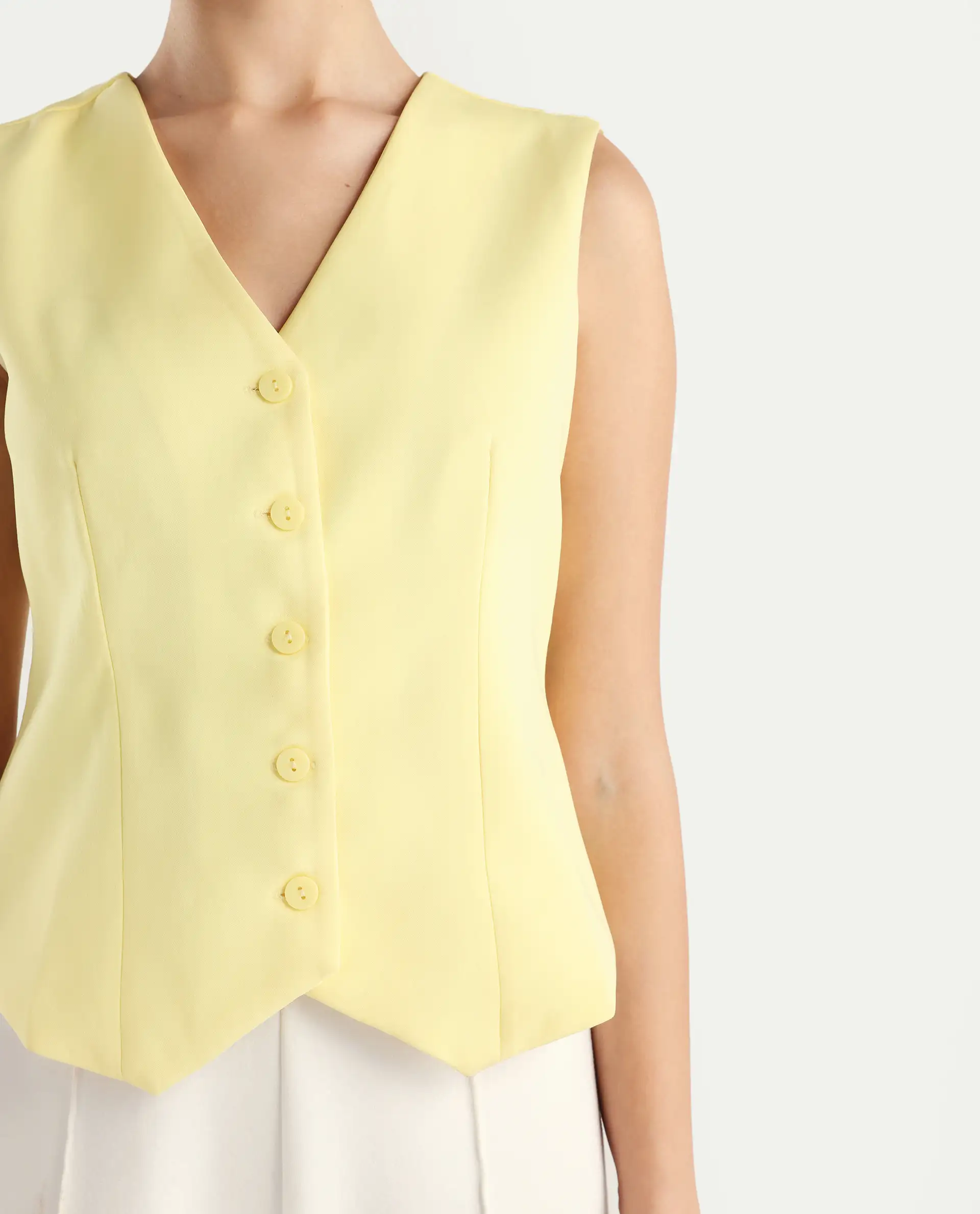 Rareism Women Nuva-T Yellow V-Neck Button Fitted Plain Top - Image 4