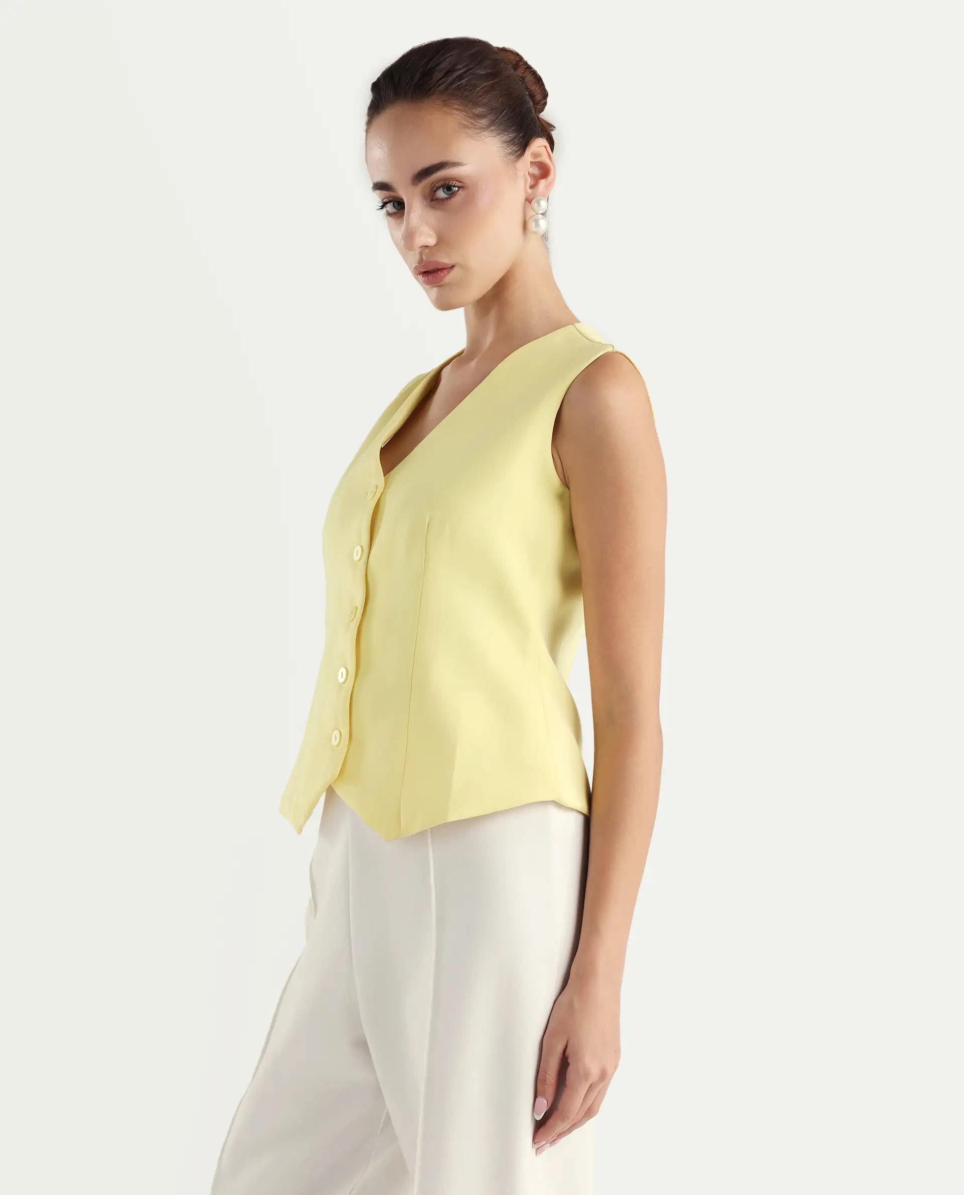 Rareism Women Nuva-T Yellow V-Neck Button Fitted Plain Top - Image 5