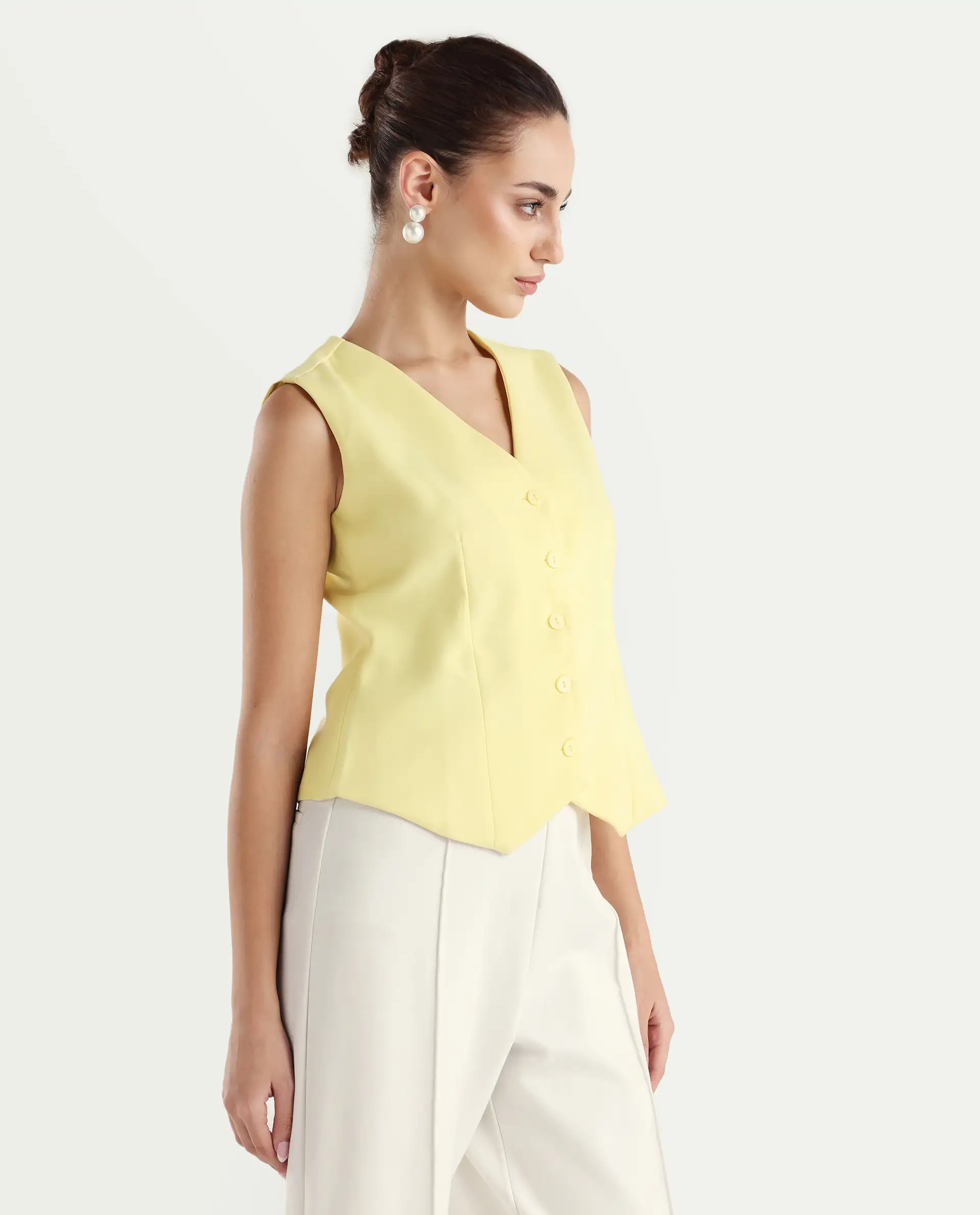Rareism Women Nuva-T Yellow V-Neck Button Fitted Plain Top - Image 6