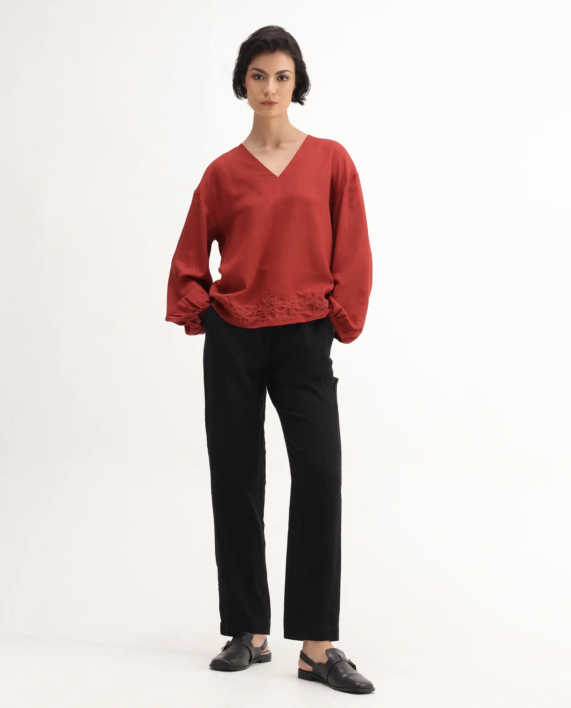 Rareism Women's Nuvix Rust Viscose Blend Bishop Sleeve V-Neck Regular Fit Plain Top - Image 2