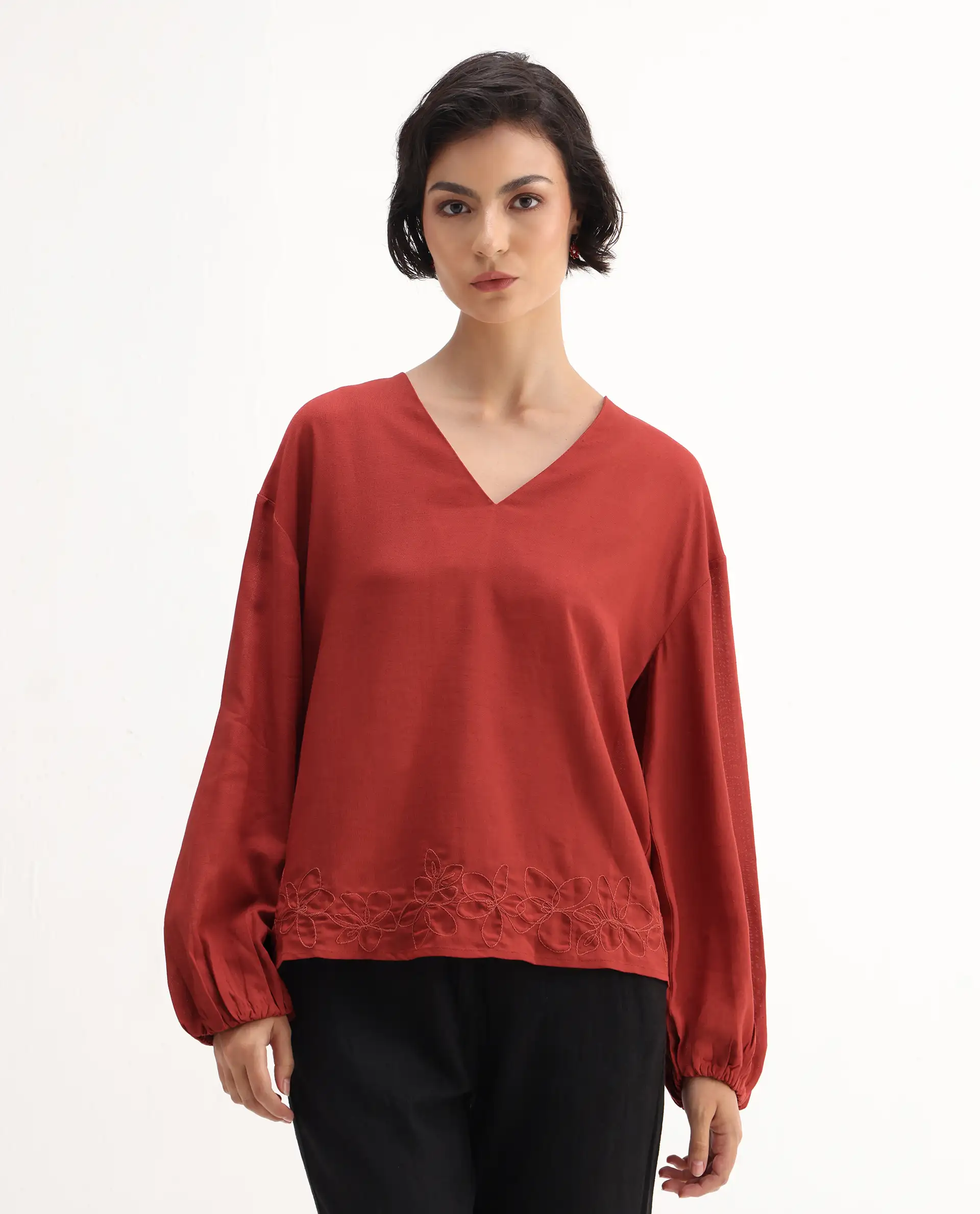 Rareism Women's Nuvix Rust Viscose Blend Bishop Sleeve V-Neck Regular Fit Plain Top - Image 3