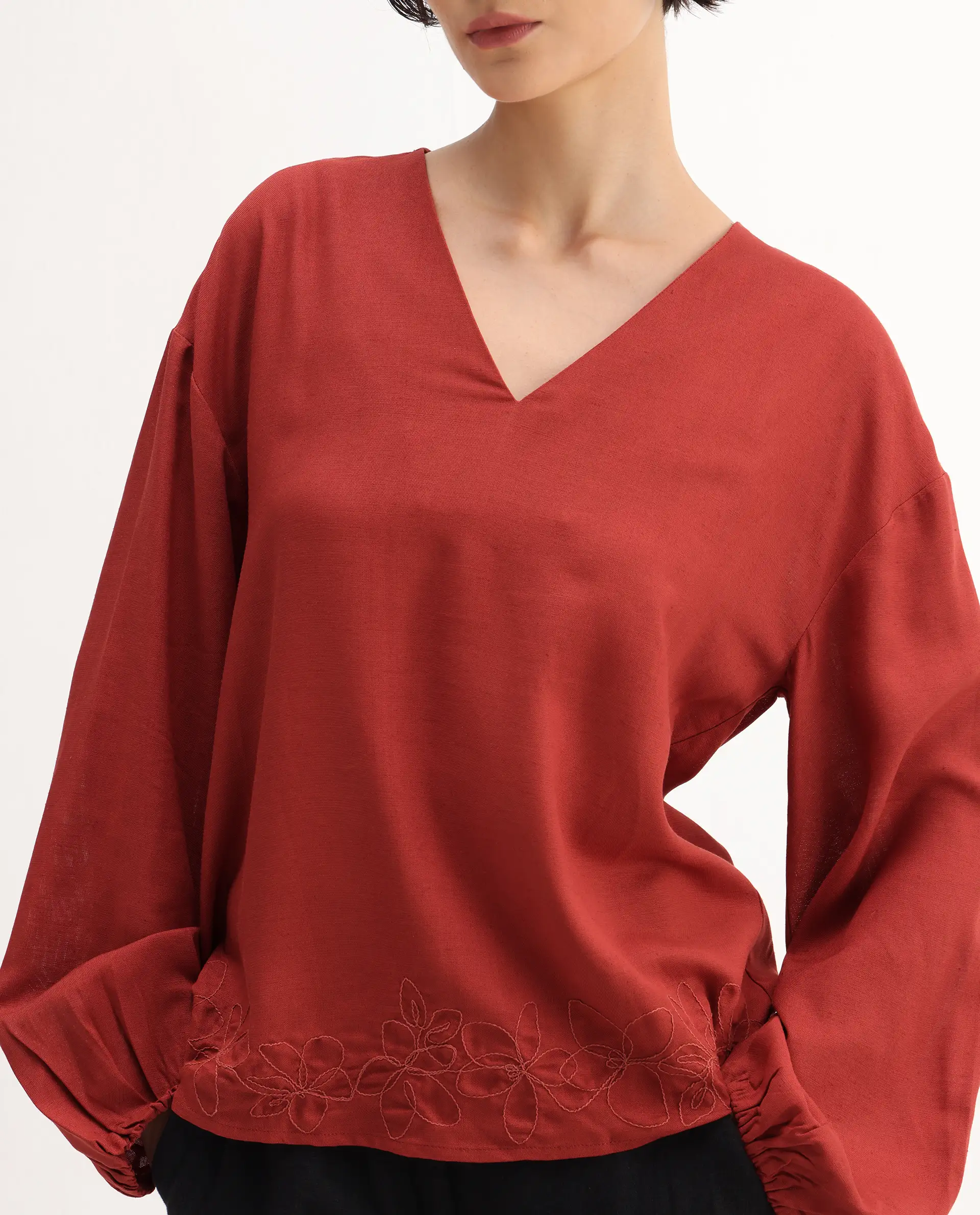 Rareism Women's Nuvix Rust Viscose Blend Bishop Sleeve V-Neck Regular Fit Plain Top - Image 4