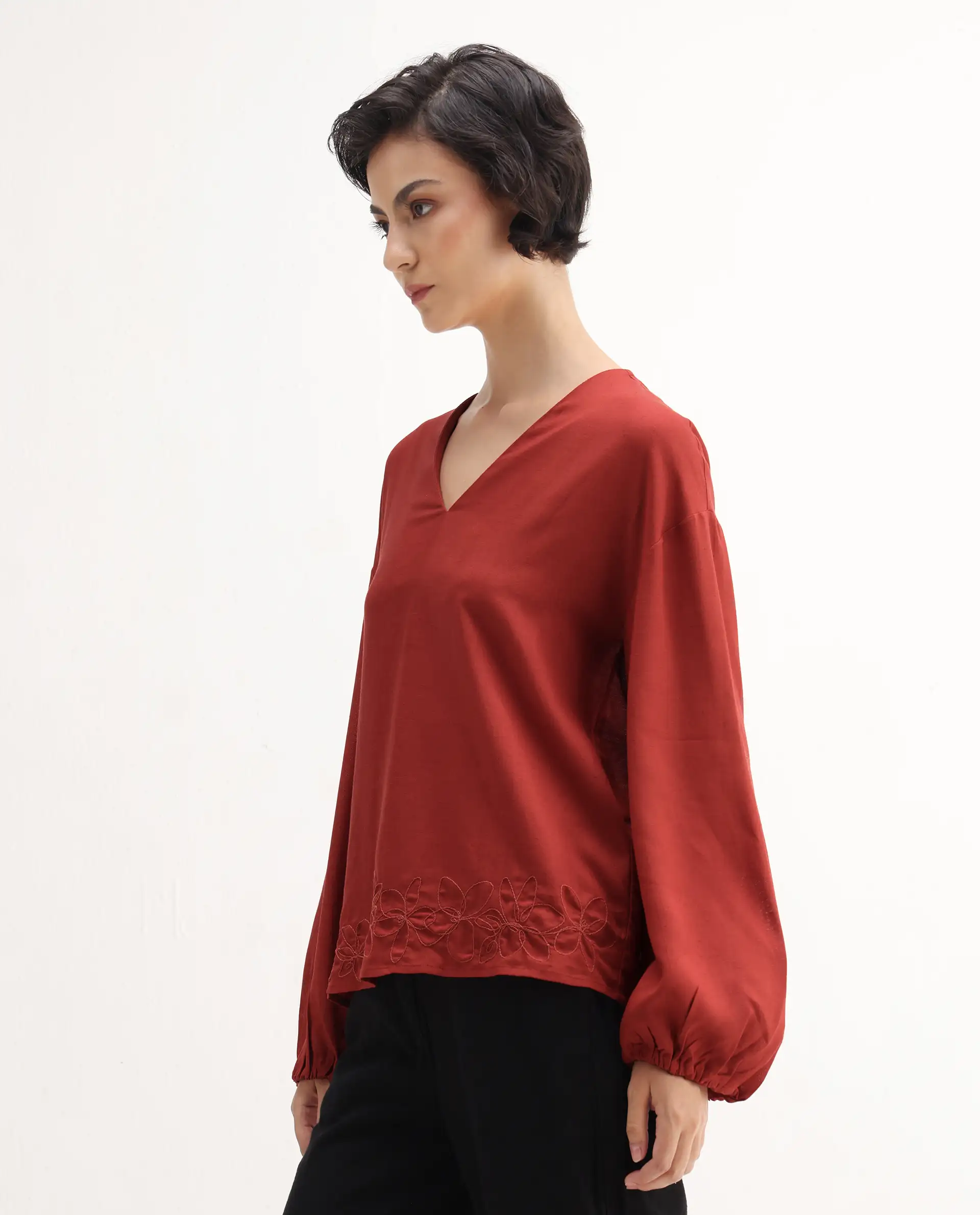 Rareism Women's Nuvix Rust Viscose Blend Bishop Sleeve V-Neck Regular Fit Plain Top - Image 5