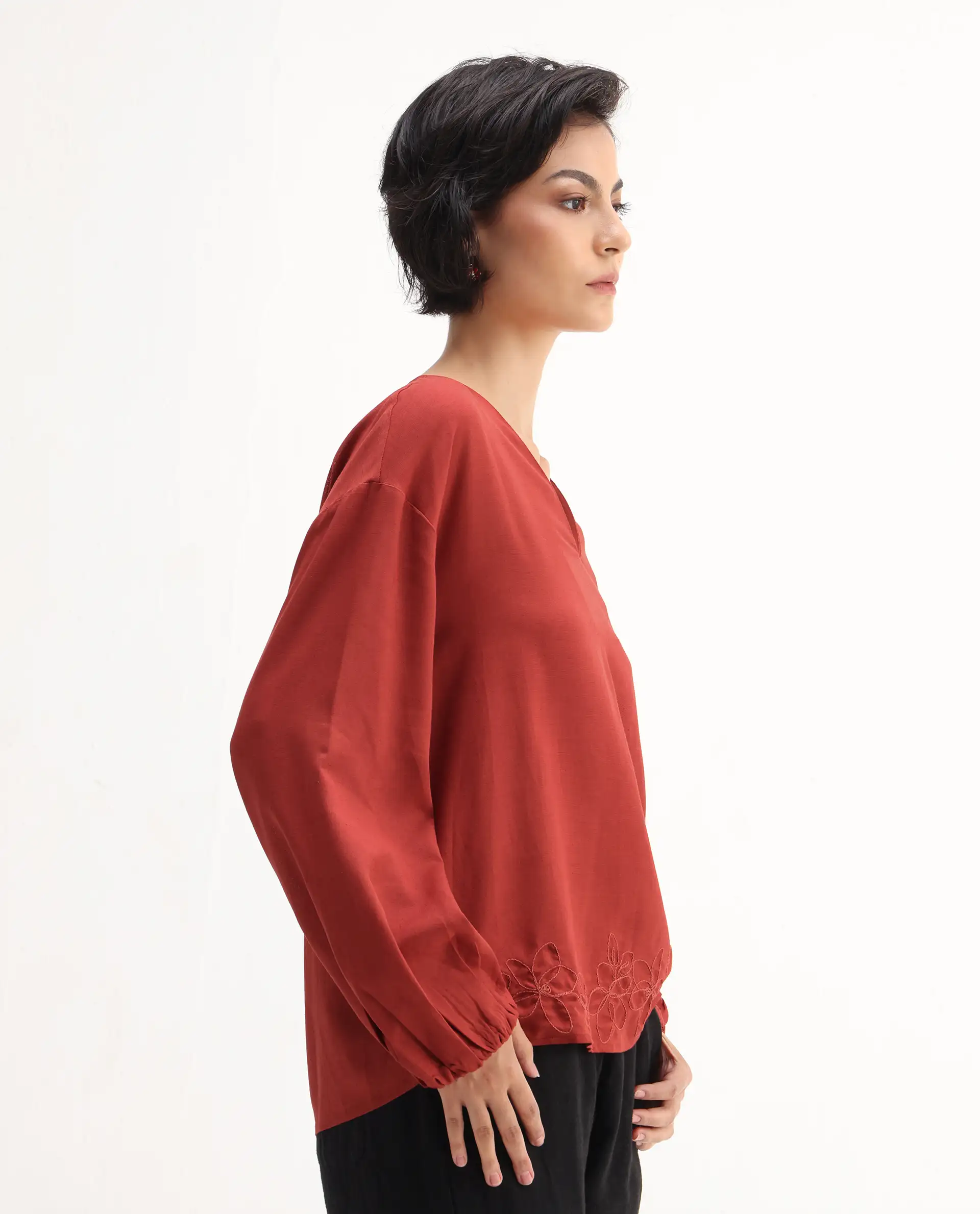 Rareism Women's Nuvix Rust Viscose Blend Bishop Sleeve V-Neck Regular Fit Plain Top - Image 6