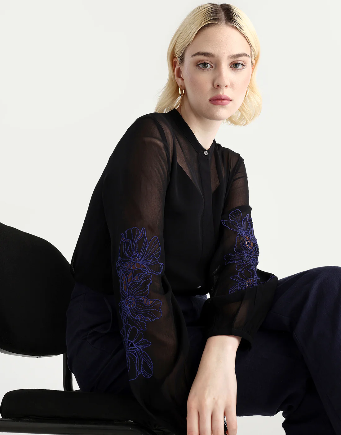 Rareism Women's Nux Black Viscose Full Sleeve Mandarin Collar Regular Fit Top