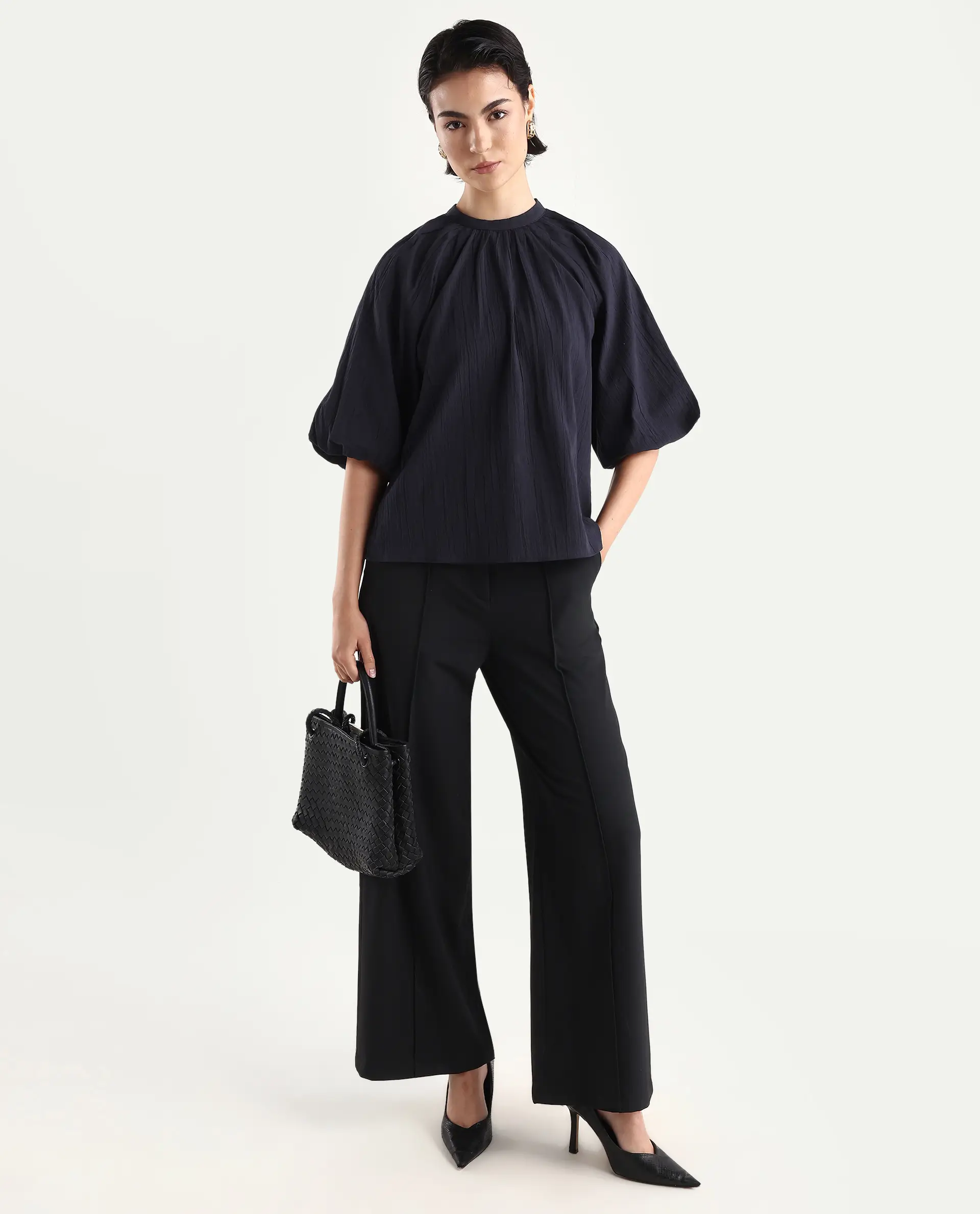 Rareism Women's Nuxo Black Nylon Blend Half Sleeve Mandarin Collar Relaxed Fit Top - Image 2