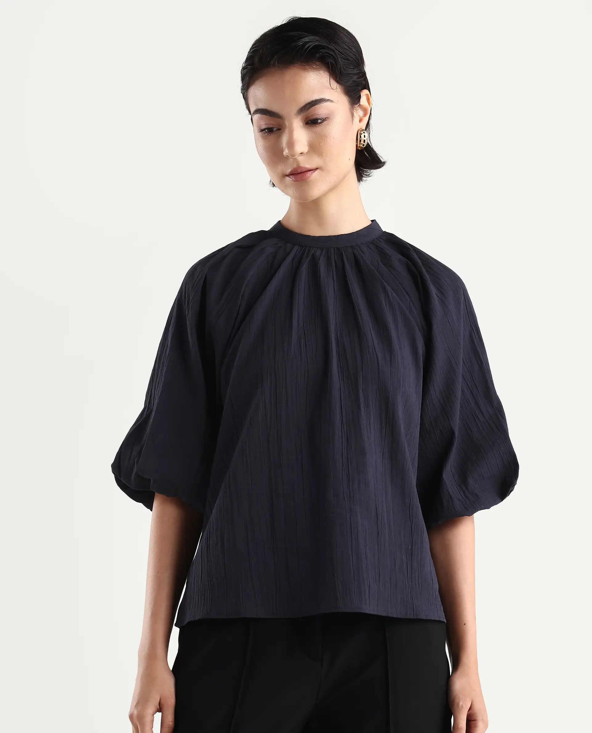 Rareism Women's Nuxo Black Nylon Blend Half Sleeve Mandarin Collar Relaxed Fit Top - Image 3