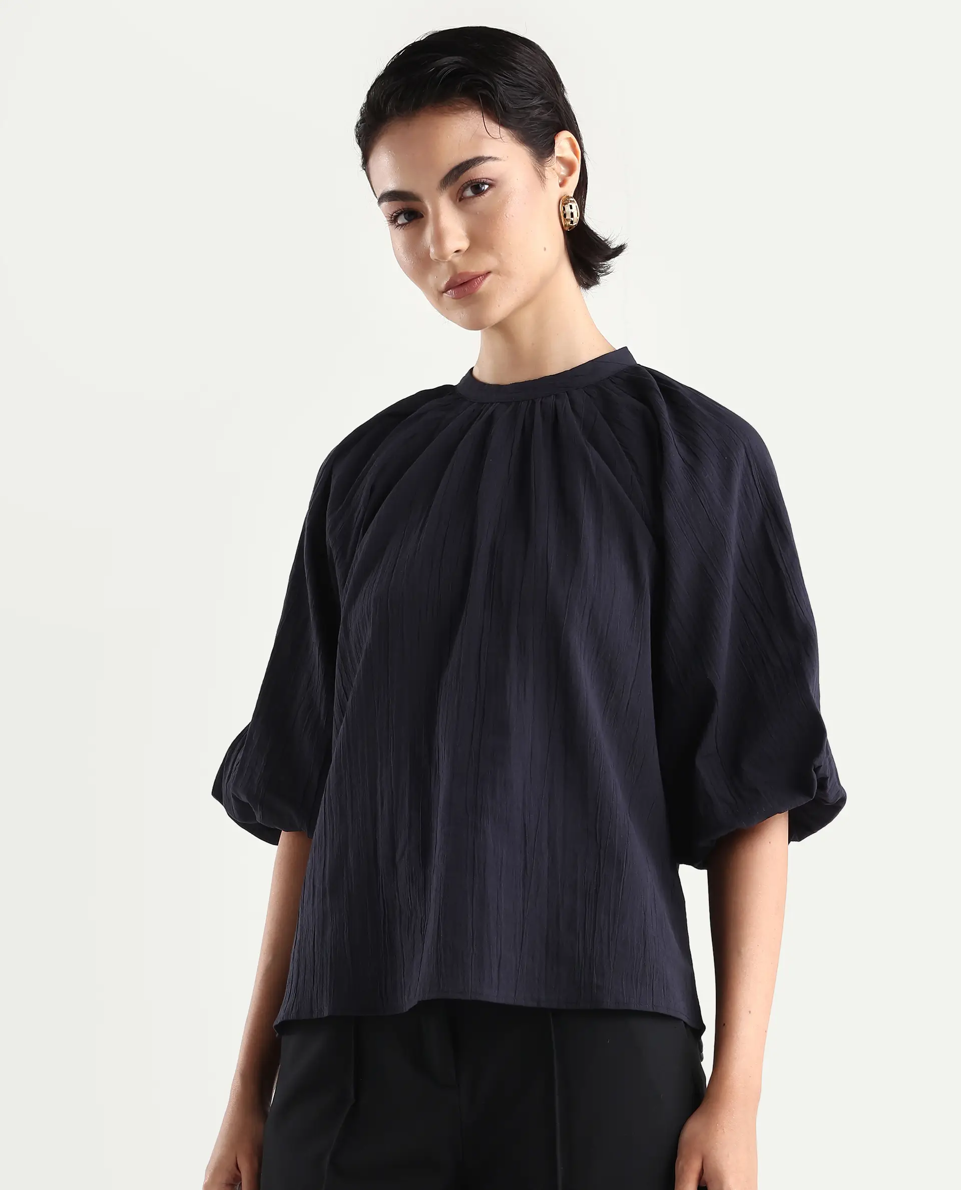 Rareism Women's Nuxo Black Nylon Blend Half Sleeve Mandarin Collar Relaxed Fit Top - Image 5