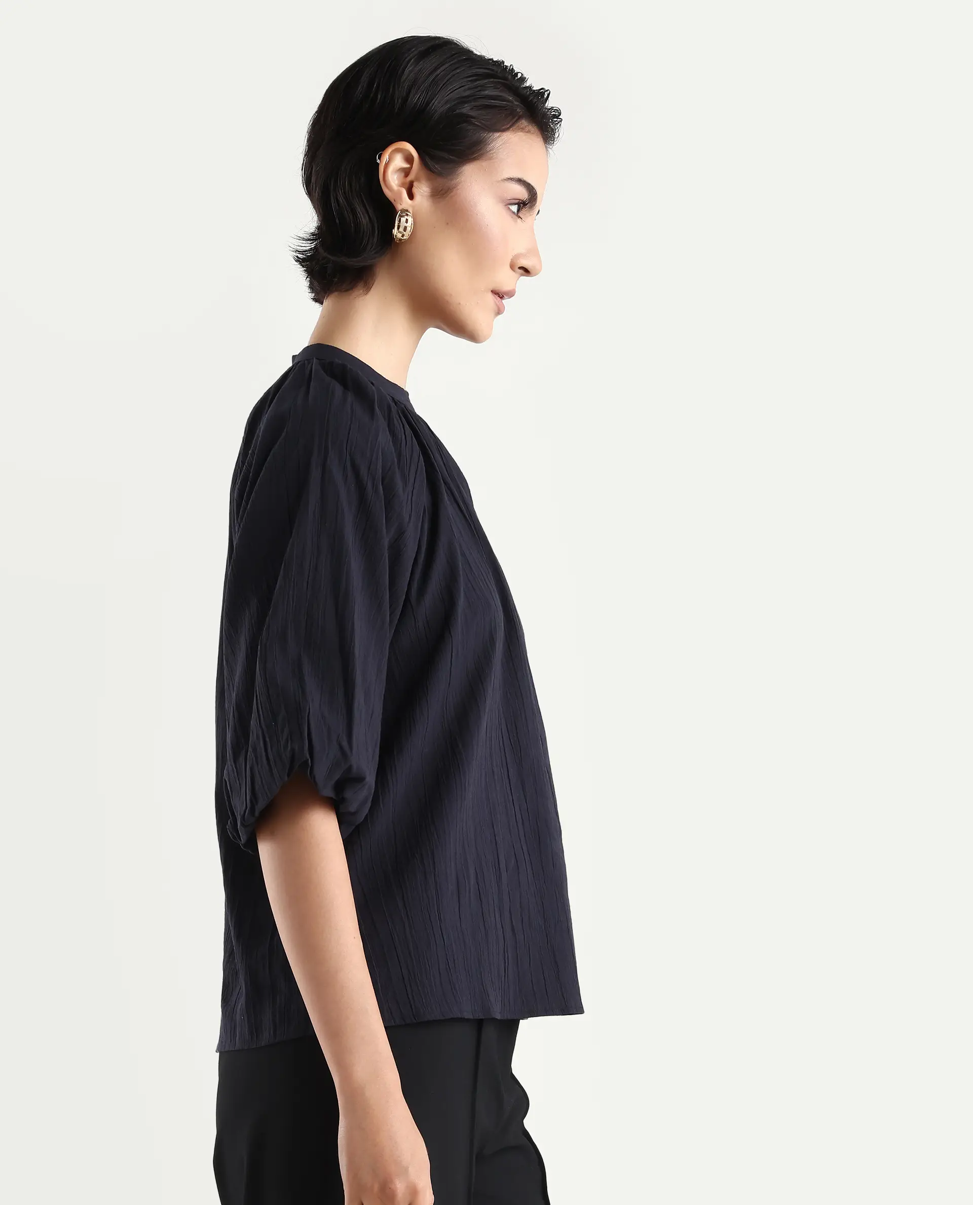 Rareism Women's Nuxo Black Nylon Blend Half Sleeve Mandarin Collar Relaxed Fit Top - Image 6