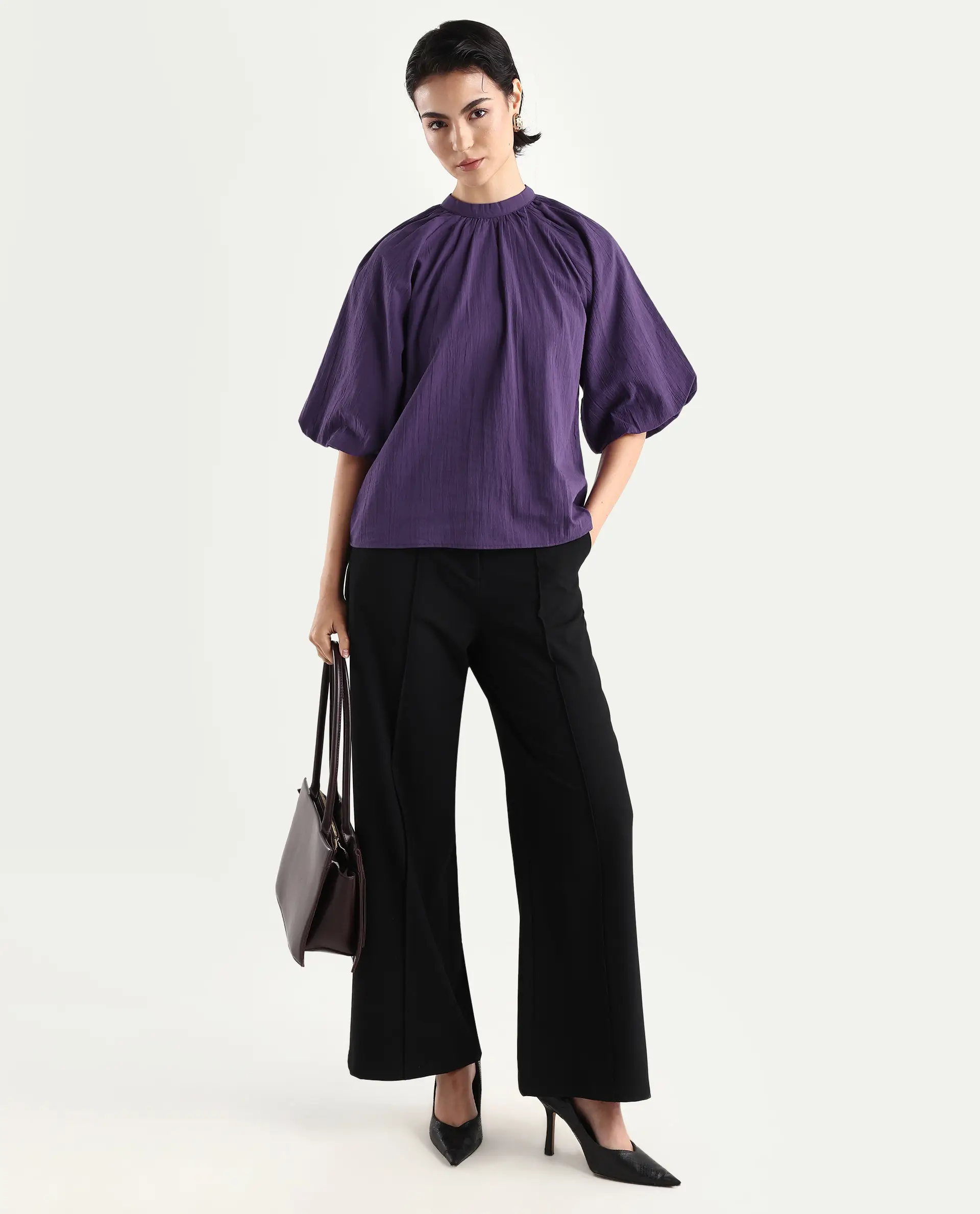 Rareism Women's Nuxo Purple Nylon Blend Half Sleeve Mandarin Collar Relaxed Fit Top - Image 2