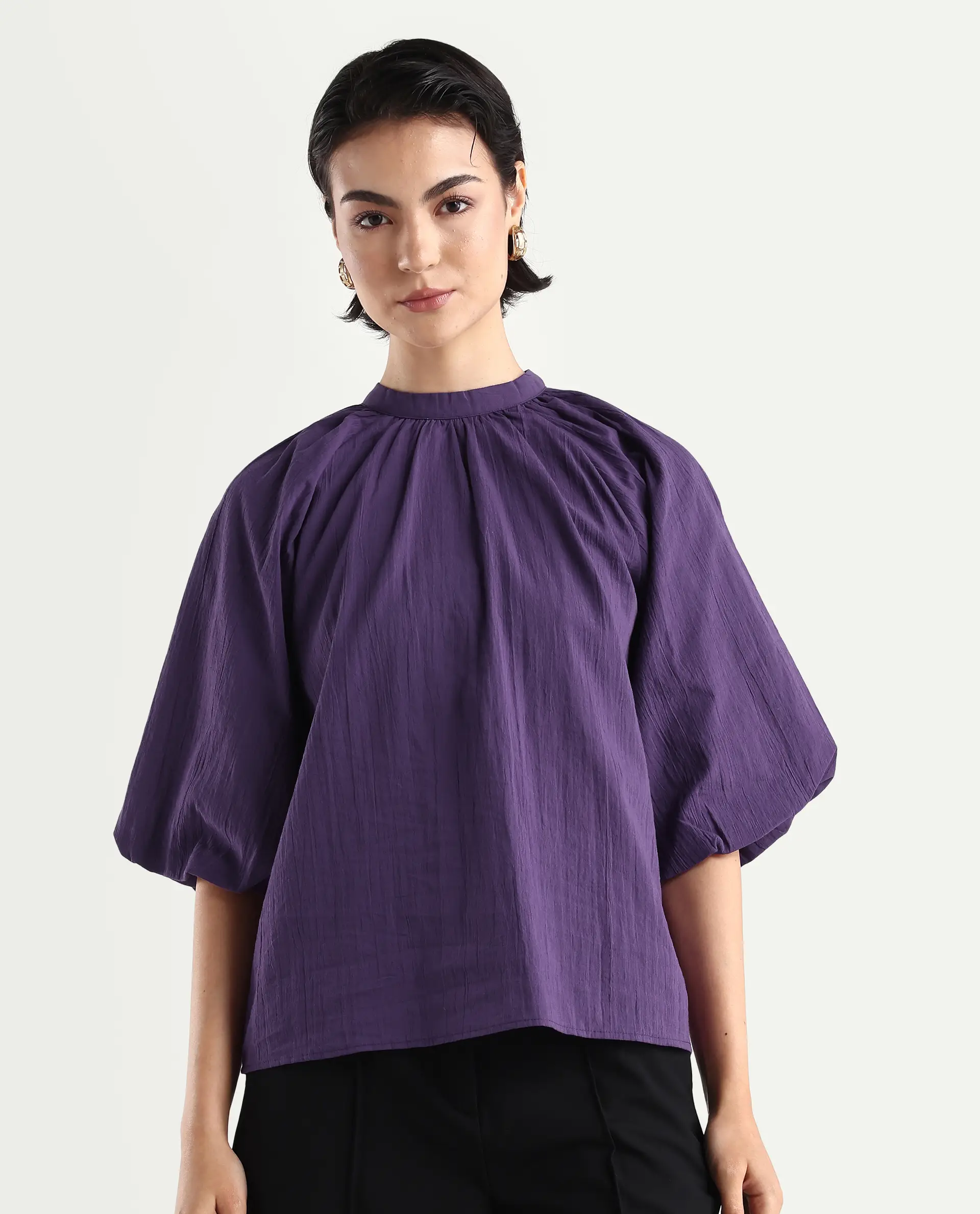 Rareism Women's Nuxo Purple Nylon Blend Half Sleeve Mandarin Collar Relaxed Fit Top - Image 3