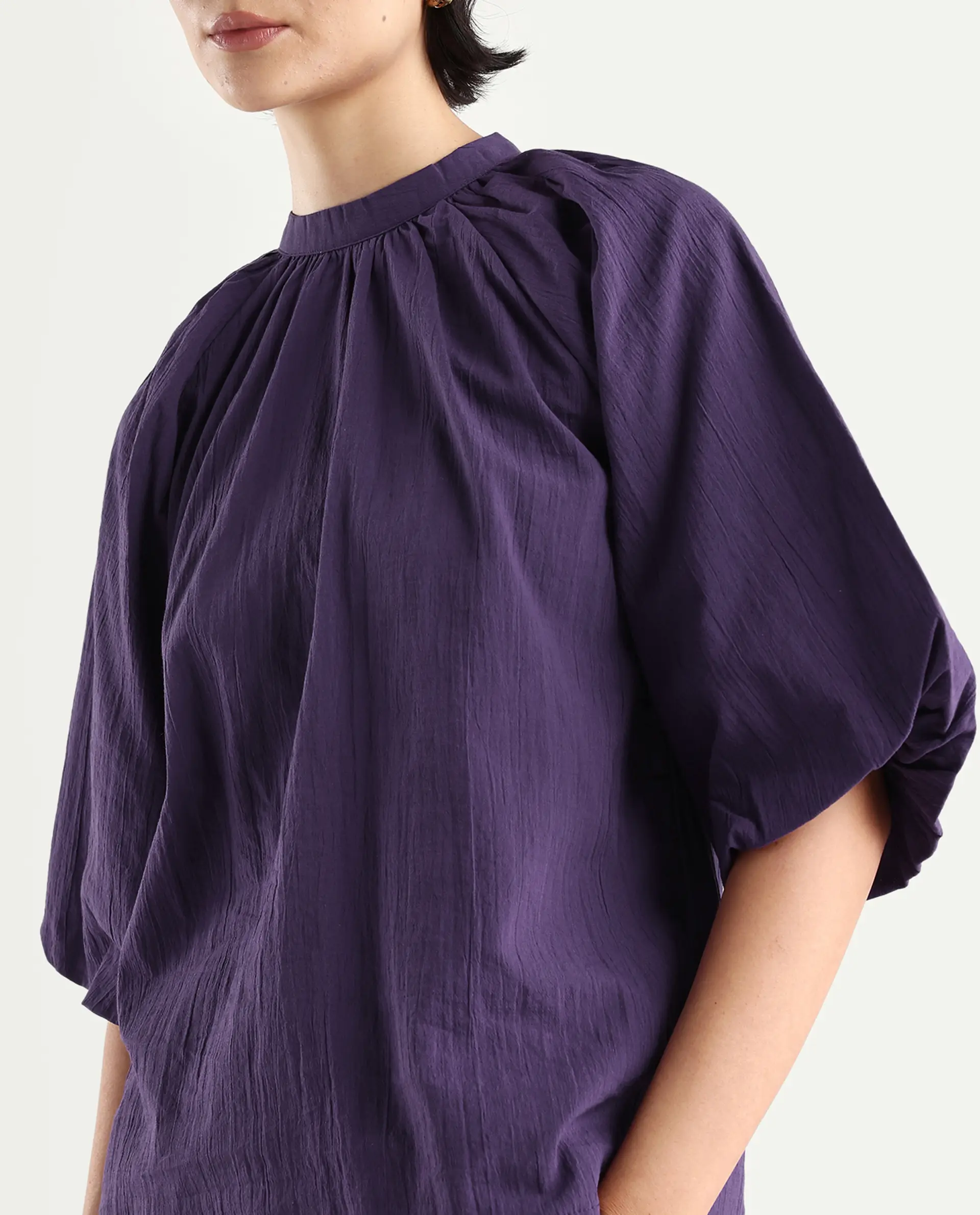 Rareism Women's Nuxo Purple Nylon Blend Half Sleeve Mandarin Collar Relaxed Fit Top - Image 4