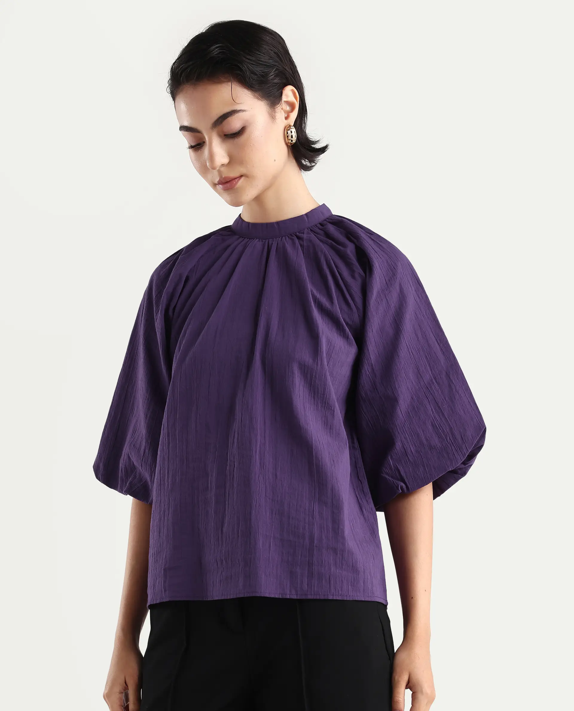 Rareism Women's Nuxo Purple Nylon Blend Half Sleeve Mandarin Collar Relaxed Fit Top - Image 5