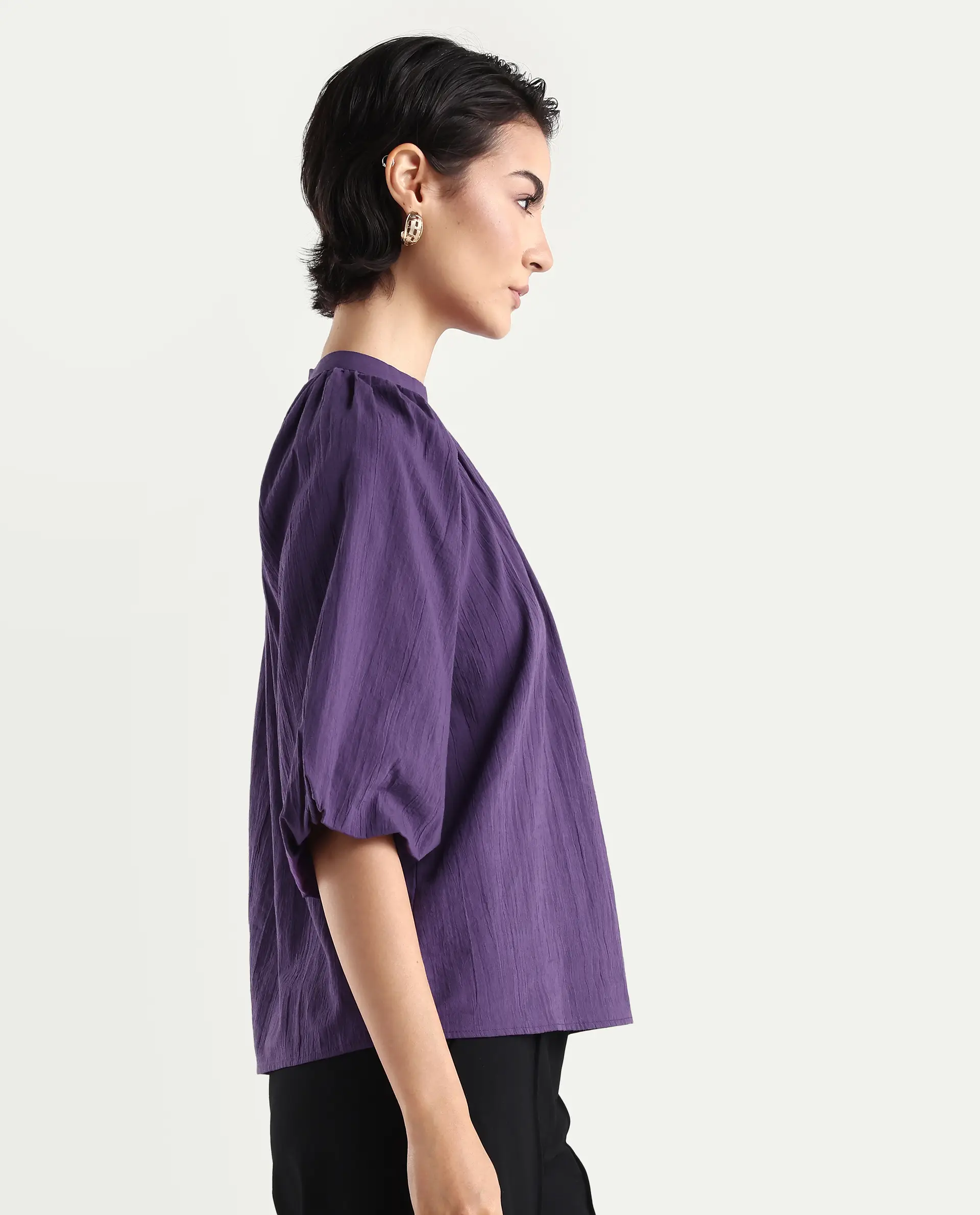 Rareism Women's Nuxo Purple Nylon Blend Half Sleeve Mandarin Collar Relaxed Fit Top - Image 6