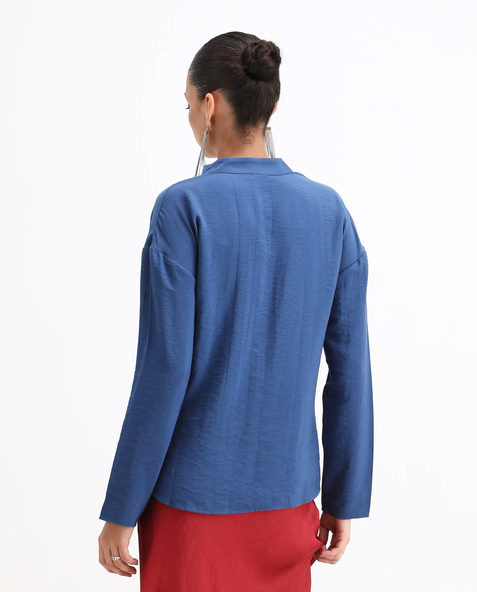 Rareism Women's Nuzif Blue Mandarin Collar Regular Fit Plain Top - Image 2