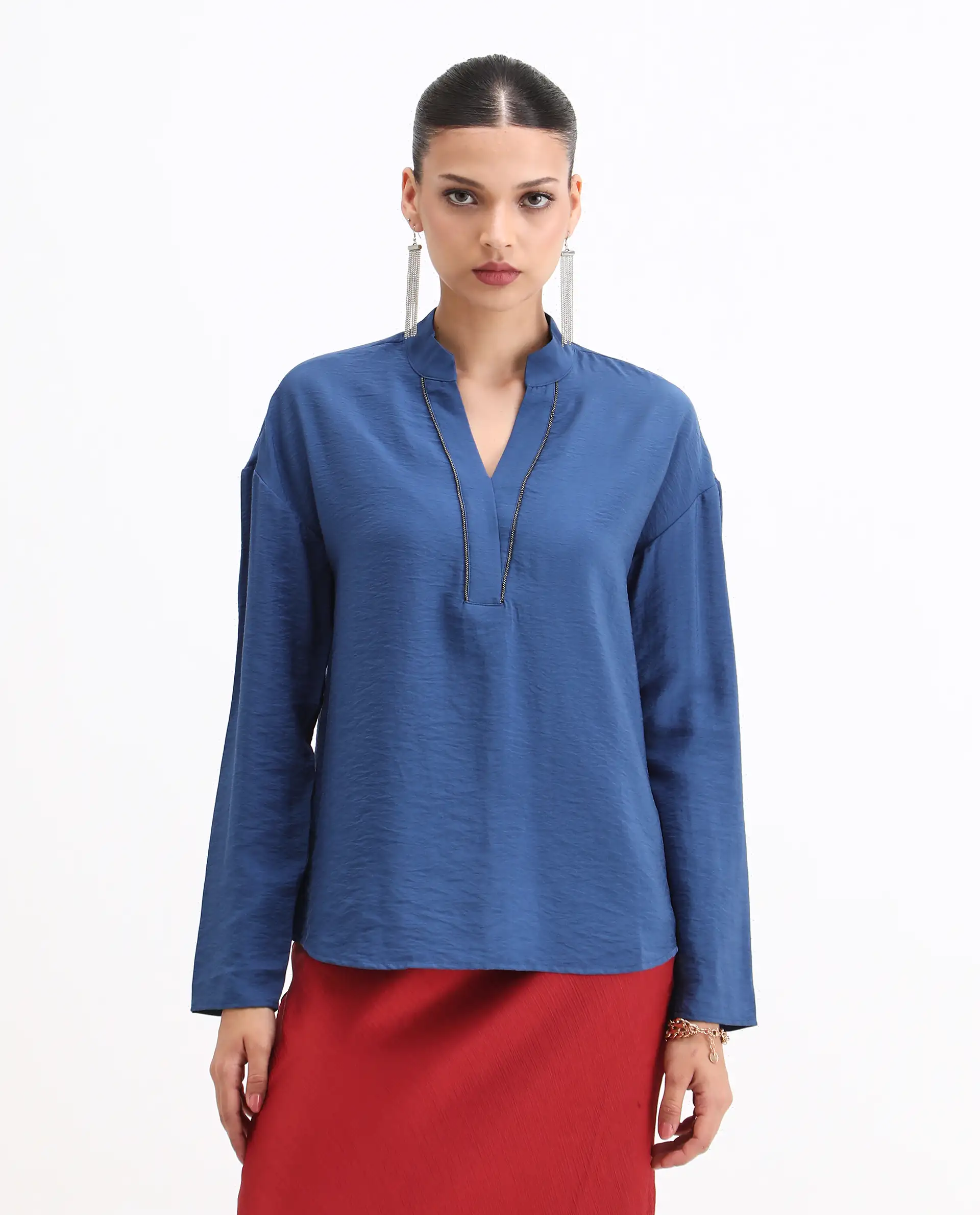 Rareism Women's Nuzif Blue Mandarin Collar Regular Fit Plain Top - Image 3