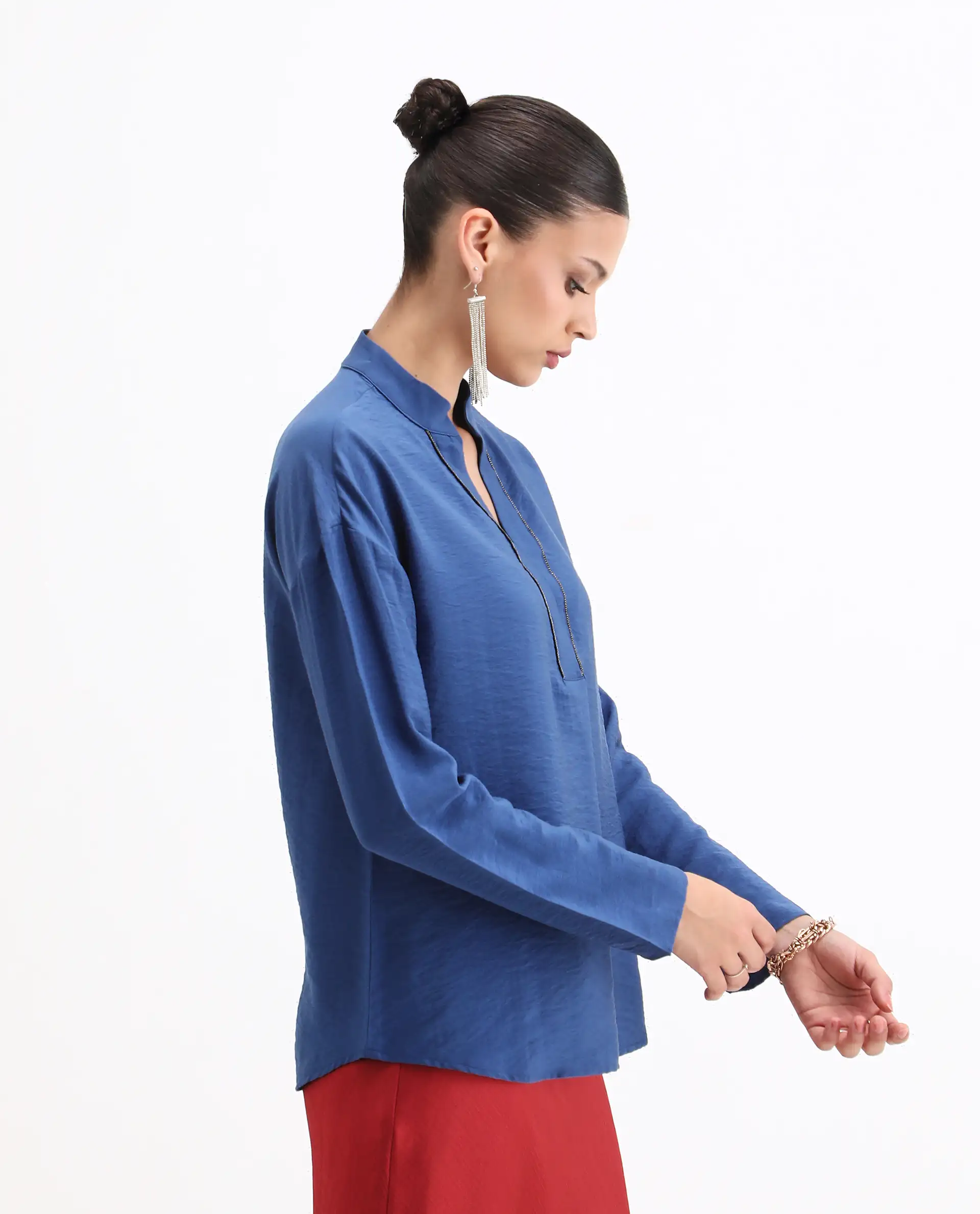 Rareism Women's Nuzif Blue Mandarin Collar Regular Fit Plain Top - Image 4